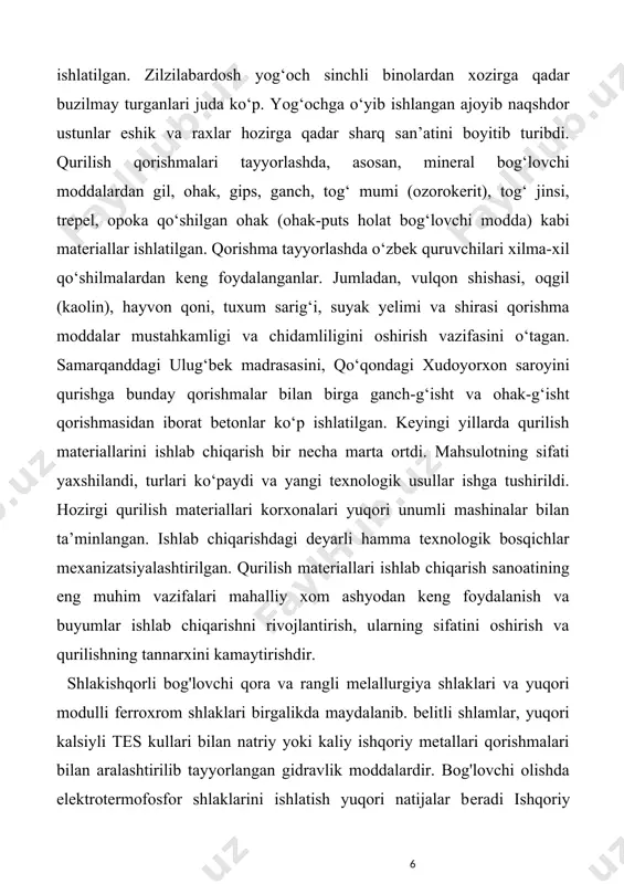 ldirgich sifatida maydalangan tog'jinslari, sanoat chiqindilari ishlatiliadi. ular mineral to'ldirgichlar bilan aktiv reaksiyaga kirishish xususryatiga ega. shlakishqorli bog'lovchilar asosida mustahkamligi bo'yicha m800-m1200 markadagi og'ir bctonlar va m600-m800 markadagi yengil betonlar olinadi. beton kimyoviy muhitlarga va yuqori haroratga bardoshli. shlakishqorli bog’lovchi asosidagi betonlar yig'ma va monolit temirbeton agressiv muliitlarda ishlalishga mo'ljallangan maxsus buyumlar va qismlar tayyorlashda ishlatiladi. ohak-shlakli bog’lovchi haqida umumiy ma’lumot. bu gidravlik bog‘lovchi uni so‘ndirilmagan ohak, granullangan domna yoki elektrotermfosfor shlakini va gips (3-5% oraliqda) birgalikda to‘yish yo‘li bilan olinadi (1-rasm). ohak – miqdori shlakning sifatiga qarab 10 – 30% oraliqda o‘rnatiladi. ohak – shlakli bog‘lovchi moddalar ohak tarkibidagi qo‘zg‘atgich ca(oh)2 ta’sirida qotadi. bunda shlakoportlandsement shlak va suv o‘zaro ta’sirlashganda kechadigan jarayonlar sodir bo‘ladi. ba'zan bog'lovchi tarkibidagi ohak miqdorini kamaytirish tavsiya etiladi. ohak-shlakli bog‘lovchi uchun eng yaxshi shlaklar asosiy va ozgina kislotali bo'lib, tarkibida alyuminiy oksidi yuqori va marganets oksidi past (3-4% dan ko'p bo'lmagan). bo’lishi lozim. ohak-shlak bog’lovchilarni …