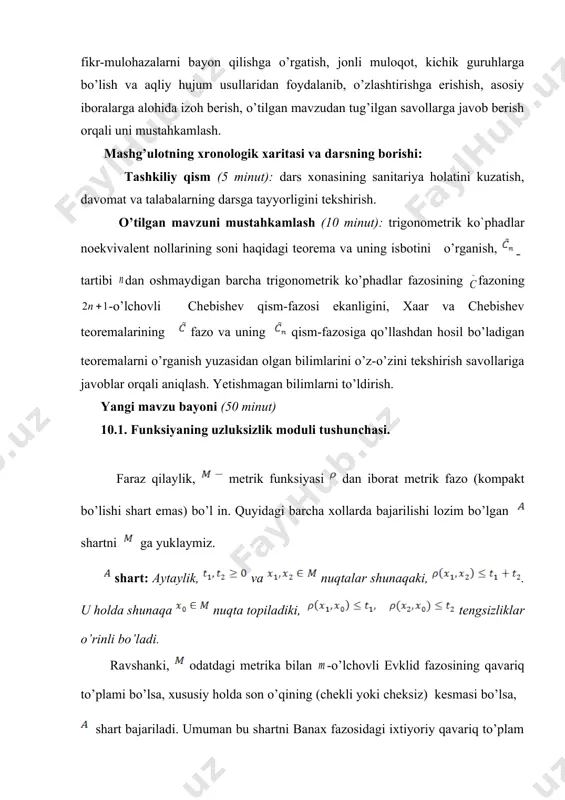 a, shart bajariladi. umuman bu shartni banax fazosidagi ixtiyoriy qavariq to’plam qanoatlantiradi. ravshanki, bu shart metrik funksiya sifatida nuqtalarini tutashtiruvchi uning qisqa yoyi uzunligi olingan birlik aylana uchun ham bajariladi. fazoda aniqlangan haqiqiy funksiyalarni qaraymiz. ta’rif 10.1. funksiyaning uzluksizlik moduli deb quyidagi tenglik orqali intervalda aniqlangan haqiqiy funksiyaga aytiladi: 10.2. funksiya uzluksizlik modulining xossalari. intervalda kamaymovchi funksiya. bajarilishi uchun funksiyaning da tekis uzluksiz bo’lishi zarur va yetarlidir. xususiy holda, kompakt bo’lsa, ixtiyoriy uchun bajariladi (isbotlang). ​​​– yarim additiv funksiya, ya’ni uchun isbot. faraz qilaylik, : shartga muvofiq nuqtani tanlab, bu yerdan . bundan uchun ravshan tengsizlik kelib chiqadi. □ agar funksiya ga tekis uzluksiz bo’lsa, u holda intervalda uzluksiz funksiyadir. isbot. ning yarim additivlik xossasidan ) tengsizlik kelib chiqadi (isbotlang). uzluksizlik modulining xossasiga ko’ra bu yerdan xossasining o’rinli ekanligi kelib chiqadi. □ 10.3 uzluksizlik moduli va uning embed equation.3 xossalari. ta’rif 10.2. intervalda aniqlangan, bo’lgan uzluksiz kamaymovchi va yari m …