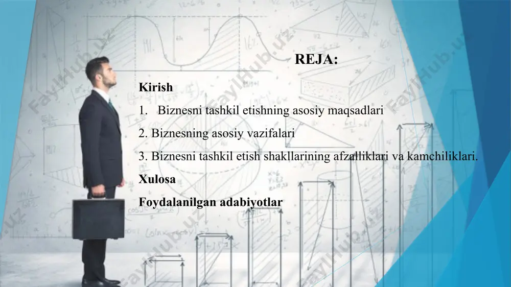 rni kengaytirish imkoniyati paydo bo‘ladi. ijtimoiy va iqtisodiy jihatlari biznesni tashkil etishning ijtimoiy va iqtisodiy jihatlari quyidagi omillar orqali namoyon bo‘ladi: ish o‘rinlari yaratish – yangi tashkilotlar yangi ish o‘rinlarini yaratadi, bu esa ijtimoiy barqarorlikka ijobiy ta'sir qiladi. jamiyat ehtiyojlarini qondirish – tashkilotlar turli ehtiyojlarga mos mahsulot yoki xizmatlar yaratish orqali jamiyatga xizmat qiladi. mahalliy iqtisodiyotni qo‘llab-quvvatlash – bizneslar mahalliy iqtisodiyotga hissa qo‘shadi va aholi daromadlarini oshiradi, bu esa mahalliy iqtisodiy barqarorlikni ta'minlaydi. mahsulot yoki xizmat yaratishning ahamiyati mahsulot yoki xizmat yaratish orqali tashkilot o‘z iste’molchilari uchun qiymat yaratadi. quyidagi jihatlar bu jarayonning ahamiyatini belgilaydi: iste’molchilarning ehtiyojlarini qondirish – mahsulot yoki xizmatlar orqali mijozlar ehtiyojlari qondiriladi, bu esa ularning hayot sifatini yaxshilaydi. yuqori sifatli mahsulot ishlab chiqarish – sifatli mahsulot yoki xizmatlar iste’molchilar ishonchini qozonadi va biznesni yanada rivojlantirishga yordam beradi. mijozlar bazasini kengaytirish – iste’molchilar ehtiyojlarini qondirish orqali tashkilot o‘z mijozlar bazasini kengaytiradi va bozorda raqobatbardoshligini saqlab qoladi. 2. …