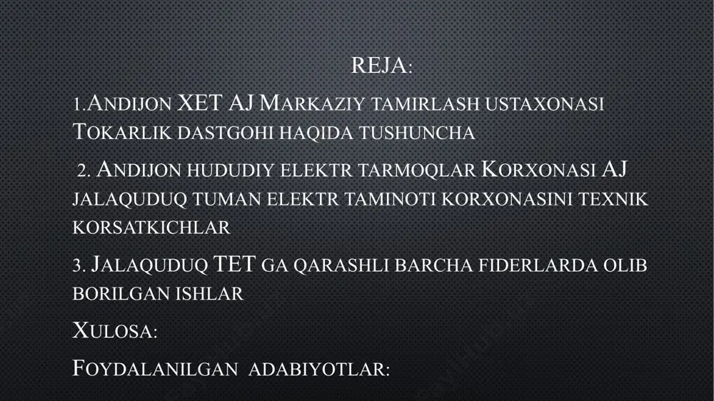 keskich oʻrnatiladigan burilma qism; elekr dvigatel. karetka va koʻndalang salazkalar qoʻlda yoki avtomatik tarzda suriladi. andijon xet aj markaziy tamirlash ustaxonasi tokarlik stanogini umumiy ko'rinishi 1.3 har bir korxona ishlab chiqarishda texnika xavfsizlik qoidalari hamda ximoya vositalari bo'lganidek bu elektr tarmoqlar korxonasida ham ximoya vositalari qo'llaniladi ushbu himoya vositalarini har biriga inventar raqam hamda ishlatish muddati yozib yopishtirilgan holatda bo'ladi. ushbu korxonada ishlatilayotgan himoya vositalar nomi hamda invertar raqami va soni ushbu rasmdagi jadvalda keltirilgan. jalaquduq tet dagi himoya vositalari hamda ogohlantiruvchi belgilar 2 .andijon hududiy elektr tarmoqlar korxonasi aj jalaquduq tuman elektr taminoti korxonasini texnik korsatkichlari:110/35/10/6 kb li podstansiyalar soni: 7 dona o'rnatilgan quvvati : 64100 kba 110/35/10/6 kb li transformatorlar soni 3 dona 35/10/6 kb li transformatorlar soni: 4 dona 6/10-0,4 kb li tranformator punktlar tp soni: 452 dona shundan istemolchi balansida 177 dona 0,4 kb havo elektr tarmoqlari uzunligi : 740,88 km 0,4 kb kabel tarmoqlar uzunligi: …