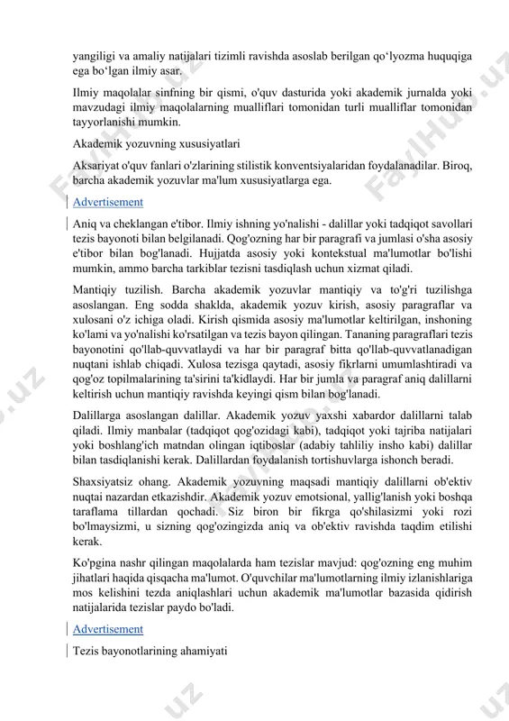 haxsan olib borilgan, tadqiqot mohiyati tegishli talablarga javob bergan, tugallangan va mazmunan yaxlit ilmiy ish sifatida ilmiy yangiligi va amaliy natijalari tizimli ravishda asoslab berilgan qo‘lyozma huquqiga ega bo‘lgan ilmiy asar. ilmiy maqolalar sinfning bir qismi, o'quv dasturida yoki akademik jurnalda yoki mavzudagi ilmiy maqolalarning mualliflari tomonidan turli mualliflar tomonidan tayyorlanishi mumkin. akademik yozuvning xususiyatlari aksariyat o'quv fanlari o'zlarining stilistik konventsiyalaridan foydalanadilar. biroq, barcha akademik yozuvlar ma'lum xususiyatlarga ega. advertisement aniq va cheklangan e'tibor. ilmiy ishning yo'nalishi - dalillar yoki tadqiqot savollari tezis bayonoti bilan belgilanadi. qog'ozning har bir paragrafi va jumlasi o'sha asosiy e'tibor bilan bog'lanadi. hujjatda asosiy yoki kontekstual ma'lumotlar bo'lishi mumkin, ammo barcha tarkiblar tezisni tasdiqlash uchun xizmat qiladi. mantiqiy tuzilish. barcha akademik yozuvlar mantiqiy va to'g'ri tuzilishga asoslangan. eng sodda shaklda, akademik yozuv kirish, asosiy paragraflar va xulosani o'z ichiga oladi. kirish qismida asosiy ma'lumotlar keltirilgan, inshoning ko'lami va yo'nalishi ko'rsatilgan va tezis bayon qilingan. tananing …