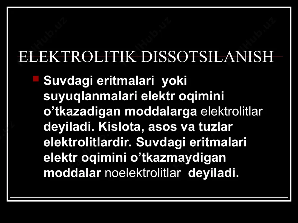 to’xtagach ionlar yana bir – biri bilan birikishi lozim. arrenius fikricha, molekulalarning ionlarga ajralishi uchun elektr oqimining hech qanday ahamiyati yo’q, elektrolitlar suvda erish jarayonida ionlarga ajraladi. buning natijasida eritmalardagi zarrachalarning soni ortadi va shuning uchun elektrolit eritmalarining osmotik bosimi xuddi shunday kontsentratsiyadagi noelektrolit modda eritmasining osmotik bosimidan bir necha marta ko’p bo’ladi. elektrolit molekulalarning ionlarga ajralishi qaytar jarayondir, masalan: сн3соон → сн3соо- + н+ dissotsilanish darajasi elektrolitik dissotsilanish qaytar jarayon bo’lgani sababli elektrolitlarning eritmalarida ionlar bilan birga molekulalar ham bo’ladi. shu sababli elektrolitlarning eritmalari dissotsilanish darajasi (yunoncha alfa harfi bilan belgilanadi ) bilan tavsiflanadi: dissotsilanish darajasi – bu ionlarga ajralgan molekulalar sonining umumiy erigan molekulalar soni n ga nisbatidir. dissotsilanish darajasi elektrolit tabiatiga, temperatura va kontsentratsiyaga bog’liq. eritma kontsentratsiyasi pasayganda dissotsilanish darajasi ortadi. masalan, sirka kislotaning 0,1n. eritmasi uchun = 0,0134 yoki 1,34 % bo’lib, 0,03n. eritma uchun 2,45 % dir. shu sababdan elektrolit eritmasining dissotsilanish darajasi bilan birga …