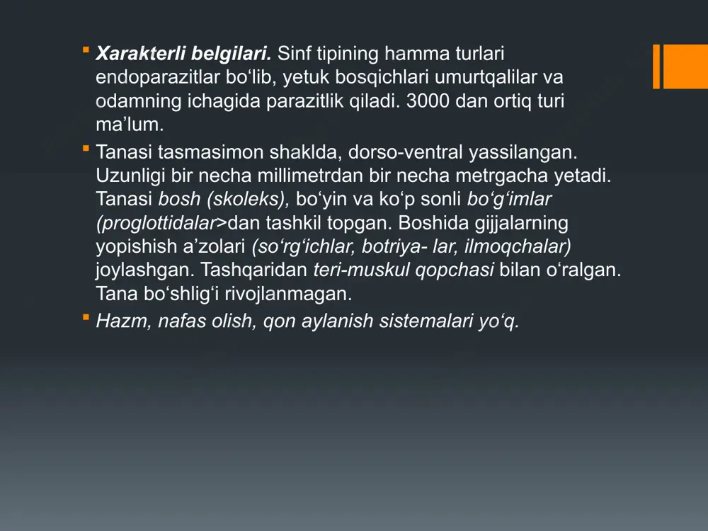 profilaktika — xom yoki chala pishirilgan mol go‘shtini iste’mol qilmaslikka asoslangan. jamoat profilakti­kasi — o‘tloqzorlarni odam axlati bilan ifloslanishiga yo‘l qo‘ymaslik, go‘sht kombinatlarida va bozorlarda veterinariya-sanitariya nazoratini yo‘lga qo‘yish orqali amalga oshiriladi. . cho'hiqa soliteri. a—strobila; b—skoleks; d genual'rodil bo‘g‘im; e—yetuk bo‘g‘im. 1—skoleksda ilmoqchalai'; 2- so‘rg‘ichlar; 3—tuxumdon; 4—tuxum- donning uchinchi bo‘lagi; 5- iinig'donlar; 6—urug* eltuvchi nay; 7—qin; 8—sirrus xaltasi; 9—bachadon; 10- -bachadon yon shoxlari; 11—melis tanac.hasi; 12—sariqdon cho‘chqa soliteri (taenia solium) cho‘chqa soliteri (taenia solium) — tenioz, sistitserkozning qo‘zg‘atuvchisi. asosiy xo‘jayinda yashash joyi. yetuk shakli ingichka ichakda yashaydi. geografik tarqalishi. cho'chqachilik rivojlangan va cho‘chqa go‘shti iste’mol qilinadigan hududlarda tarqalgan. morfologiyasi. uzunligi 3 m gacha yetadi (71- rasm). skoleksda to‘rtta so‘rg‘ichdan tashqari ilmoqchalar joylashgan (shuning uchun ham qurollangan soliter deyiladi). germafrodit bo‘g‘imlarida tuxumdon uch bo‘lakchadan iborat. yetuk bo‘g‘imlarda shoxchalari soni 12 dan oshmaydi. hayot sikli. asosiy xo‘jayini odam, oraliq xo'jainlar cho‘chqalar, ba’zan odam ham bo'lishi mumkin. invaziya manbai kasal odamlardir. tashqi …