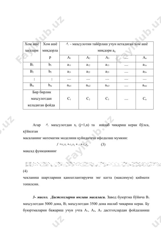 дастгоҳлардан шундай фойдаланиш режасини тузингки, натижада тайёрланадиган в1, в2 маҳсулотларнинг таннархи энг кичик бўлсин. агар а1, а2, а3 дастгоҳларнинг в1 маҳсулотни тайёрлаш соатларини мос равишда х1, х2, х3 десак, в2 маҳсулот учун эса х4, х5, х6 десак, қўйилган масаланинг математик модели қуйидагича бўлади: тенгламалар ва тенгсизликлар системасининг шундай манфий бўлмаган ечимини топиш керакки, натижада мақсад функция энг кичик қийматга эришсин. 4-мисол. рацион тузиш масаласи. бирор жониворни ҳар куни овқатлантириш учун миқдори 9 бирликдан кам бўлмаган в1 тўйимли модда, миқдори 8 бирликдан кам бўлмаган в2 тўйимли модда ва миқдори 12 бирликдан кам бўлмаган в3 тўйимли моддалардан икки хил а1 ва а2 озуқа тайёрлаш керак бўлиб, ҳар бир озуқадаги тўйимли моддаларнинг миқдори ва ҳар бир озуқа миқдорининг нархлари қуйидаги жадвалда берилган бўлсин. тўйимли моддалар тўйимли мод. миқ. 1 кг озуқадаги тўйимли модда бирлиги миқдори а1 а2 в1 9 3 1 в2 8 1 2 в3 12 1 6 1 кг озуқа нархи …