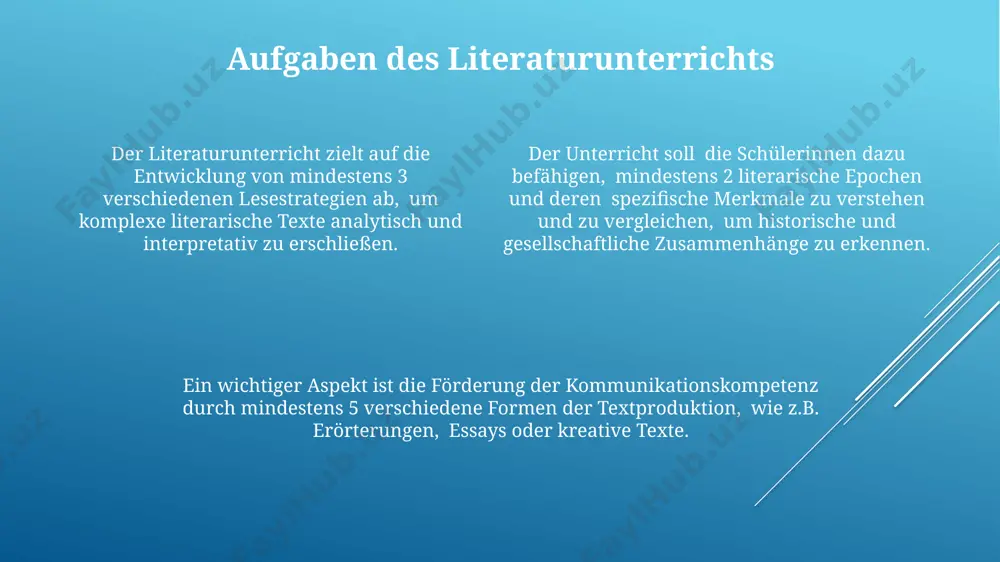 verständnis des rezipienten, erfordert eine aktive auseinandersetzung mit dem text. analyse literarischer kommunikation beinhaltet die untersuchung von textstrukturen, sprachlichen mitteln (ca. 10-15 verschiedene stilmittel pro text), und der wirkungsabsicht des autors, um die botschaft und ihre relevanz zu erfassen. auseinandersetzung mit verschiedenen genres die kreative auseinandersetzung mit einem genre, z.b. das schreiben eigener gedichte (lyrik) oder kurzgeschichten (epik), fördert die schreibkompetenz und das literarische ausdrucksvermögen. durch die vergleichende analyse von 2-3 texten aus unterschiedlichen genres können schüler genrekonventionen erkennen und deren wirkung auf den leser verstehen. die auseinandersetzung mit mindestens 3 verschiedenen genres (lyrik, epik, dramatik) ermöglicht schülern die entwicklung von analytischen fähigkeiten und die erweiterung ihres literarischen verständnisses. benötigte materialien für die schriftliche ausarbeitung benötigen die lernenden mindestens 10 verschiedene stifttypen, notizbücher und farbigen markern zur hervorhebung wichtiger textstellen. neben den lehrbüchern sind mindestens 3 verschiedene literarische werke, einschließlich lyrik, epik und dramatik, für gruppenarbeiten und einzelanalysen notwendig. der …
