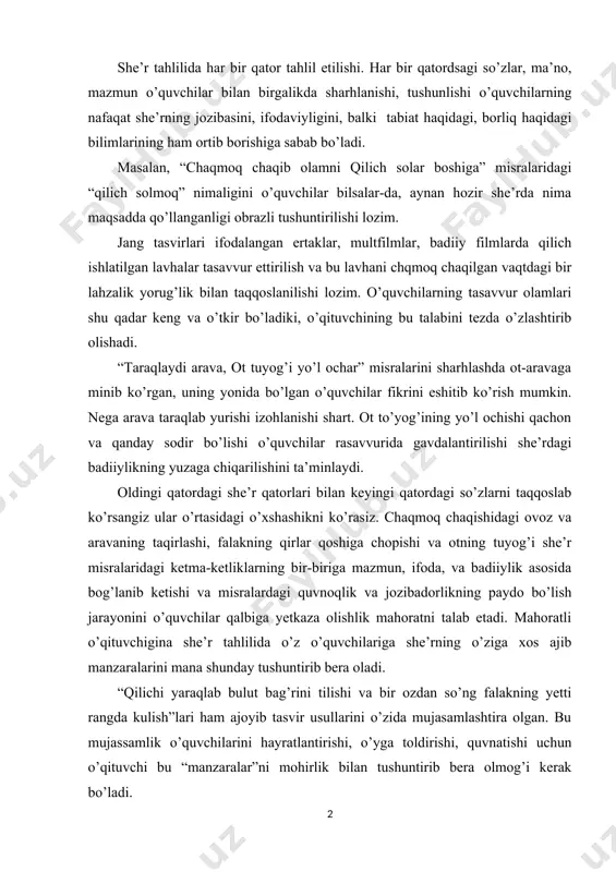 , “chaqmoq chaqib olamni qilich solar boshiga” misralaridagi “qilich solmoq” nimaligini o’quvchilar bilsalar-da, aynan hozir she’rda nima maqsadda qo’llanganligi obrazli tushuntirilishi lozim. jang tasvirlari ifodalangan ertaklar, multfilmlar, badiiy filmlarda qilich ishlatilgan lavhalar tasavvur ettirilish va bu lavhani chqmoq chaqilgan vaqtdagi bir lahzalik yorug’lik bilan taqqoslanilishi lozim. o’quvchilarning tasavvur olamlari shu qadar keng va o’tkir bo’ladiki, o’qituvchining bu talabini tezda o’zlashtirib olishadi. “taraqlaydi arava, ot tuyog’i yo’l ochar” misralarini sharhlashda ot-aravaga minib ko’rgan, uning yonida bo’lgan o’quvchilar fikrini eshitib ko’rish mumkin. nega arava taraqlab yurishi izohlanishi shart. ot to’yog’ining yo’l ochishi qachon va qanday sodir bo’lishi o’quvchilar rasavvurida gavdalantirilishi she’rdagi badiiylikning yuzaga chiqarilishini ta’minlaydi. oldingi qatordagi she’r qatorlari bilan keyingi qatordagi so’zlarni taqqoslab ko’rsangiz ular o’rtasidagi o’xshashikni ko’rasiz. chaqmoq chaqishidagi ovoz va aravaning taqirlashi, falakning qirlar qoshiga chopishi va otning tuyog’i she’r misralaridagi ketma-ketliklarning bir-biriga mazmun, ifoda, va badiiylik asosida bog’lanib ketishi va misralardagi quvnoqlik va jozibadorlikning paydo bo’lish jarayonini o’quvchilar …