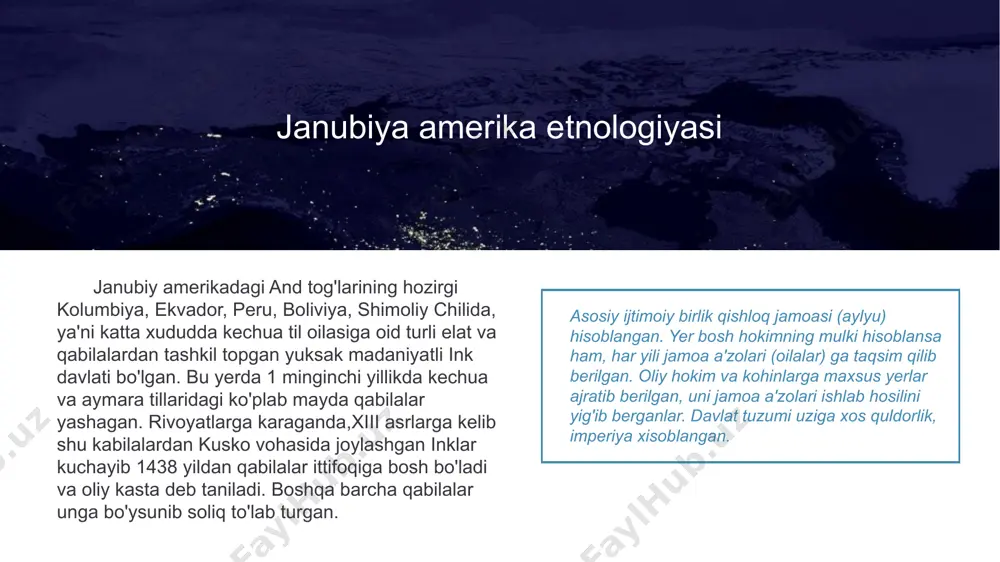 inklar muisklar hindularning yuz tuzilishlari 9 ular antropogenez hududga kirmay, olimlaming fikricha, sharqiy osiyodan so‘nggi paleolitda o‘tgan odamlar qit’aning eng janubiga qadar tarqalgan. janubiy amerikalik hinduiaming katta mongoloid irqiga yaqinligi ham bu fikmi tasdiqlaydi. maxamadjonov sardor 21/2 image1.jpeg image2.png image3.jpeg image4.jpeg image5.jpeg image6.jpeg image7.jpeg image8.jpeg image9.jpeg image10.jpeg