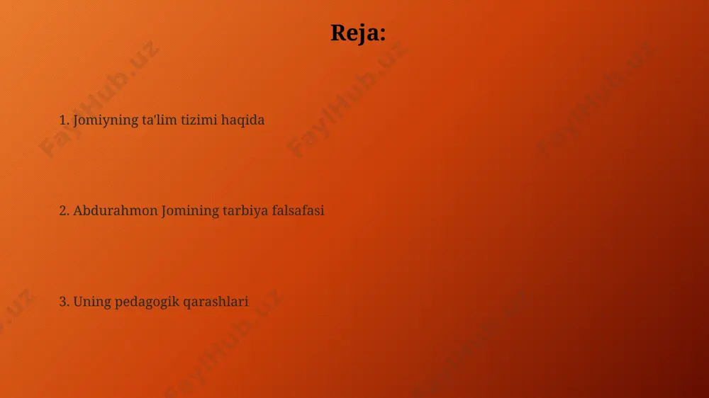 ади. "bahoriston" asarida ta'lim va tarbiya masalalari “bahoriston”da 7 ta ilmga, jumladan, adabiyot, mantiq va hisob kabi fanlarga alohida e’tibor qaratilib, ularning o’zlashtirilishi uchun amaliy usullar taklif qilingan. asarda 12 yoshdan 20 yoshgacha bo‘lgan yoshlarning ta’lim va tarbiyasi bo’yicha batafsil tavsiyalar berilib, o‘qituvchi va o‘quvchi munosabatlariga alohida urg‘u beriladi. jomining ijtimoiy-siyosiy qarashlari va ta'lim унинг ijtimoiy-siyosiy qarashlari адабиёт, санъат ва маданият орқали ахлоқий тарбия беришга, 5та асосий фазилатни (адолат, саховат, камтарлик ва ҳ.к.) ривожлантиришга асосланган. жомий таълимда ижтимоий тенгликка эришиш зарурлигини таъкидлаб, камбағал ва бой оила фарзандлари учун тенг имконият яратишни 2та асосий мақсад сифатида кўрсатган. jomining diniy ta'limga munosabati u o'z asarlarida diniy bilimlarni faqat yod olish emas, balki chuqur tushunish va amaliyotga tatbiq etish zarurligini 10 dan ortiq misollarda ko'rsatgan. jomiy diniy ta'limni 4 ta asosiy bosqichga bo'lib, har bir bosqichning o'ziga xos uslub va mazmunini ta'kidlagan. ushbu yondashuv bolaning yosh xususiyatlarini hisobga olishga qaratilgan edi. jomining zamonaviy …