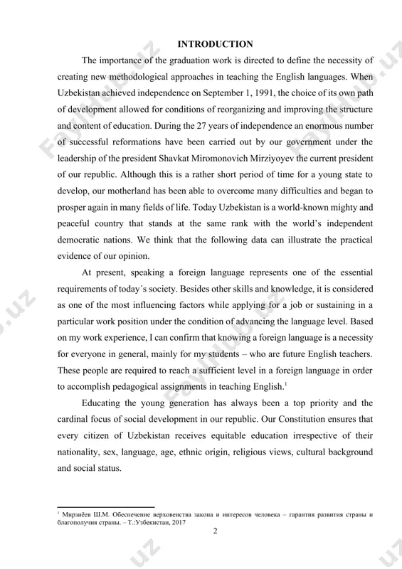 advancing the language level. based on my work experience, i can confirm that knowing a foreign language is a necessity for everyone in general, mainly for my students – who are future english teachers. these people are required to reach a sufficient level in a foreign language in order to accomplish pedagogical assignments in teaching english.[footnoteref:1] [1: мирзиёев ш.м. обеспечение верховенства закона и интересов человека – гарантия развития страны и благополучия страны. – т.:узбекистан, 2017] educating the young generation has always been a top priority and the cardinal focus of social development in our republic. our constitution ensures that every citizen of uzbekistan receives equitable education irrespective of their nationality, sex, language, age, ethnic origin, religious views, cultural background and social status. besides that, student-centered teaching requires not only implementation of new up-to-date methodology and materials but new approaches to assessment as well. consequently, it gives more emphasis on the …