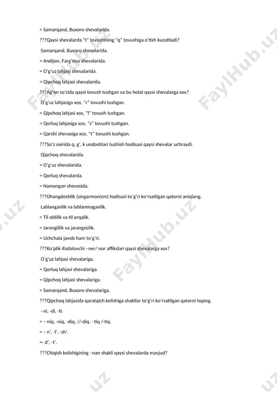 uruh shevalarida. = qorluq guruh shevalarda. = shahar shevalarida. = namangan shevasida. ???– qis/ -qis, -iqis/ iqis shakllari qipchoq lahjasida qaysi ma’noda qo‘llanadi? shaxs – son ko‘rsatkichi ma’nosida. = ii shaxs enalik ko‘rsatkichi oddiy munosabat. = ii shaxs egalik ko‘rsatkichi hurmat ma’nosida. = ii shaxs buyruq ma’nosida. ???qipchoq lahjasida –q, -iq, -iq shakllari qaysi ma’noda qo‘llaniladi? ii shaxs buyruq ma’nosida. = ii shaxs shart ma’nosida. = ii shaxs egalik ko‘rsatkichi, ko‘plik. = ii shaxs egalik, birlik. ???–ge / -g‘a, -ke/qa, e/a, qe/qa qanday qo‘shimcha? o‘rin-payt kelishigi. = jo‘nalish kelishigi. = so‘z yasovchi qo‘shimcha. = chiqish kelishigi qo‘shimchasi. ???qipchoq lahjasida –e/-a, -p, ip/ip shaxs –son qo‘shimchasi qanday kategoriya hosil qiladi? ravishdosh shakli. = hozirgi zamon fe’li. = o‘tgan zamon fe’li. = kelasi zamon fe’li. ???– yin/ -yin, ayin/ -eyin shakli qanday kategoriya hosil qiladi? istak mayli. = shart mayli. = buyruq mayli. = o‘tgan zamon davom fe’li. ???–v, -uq/-o‘v ko‘rinishi qanday …