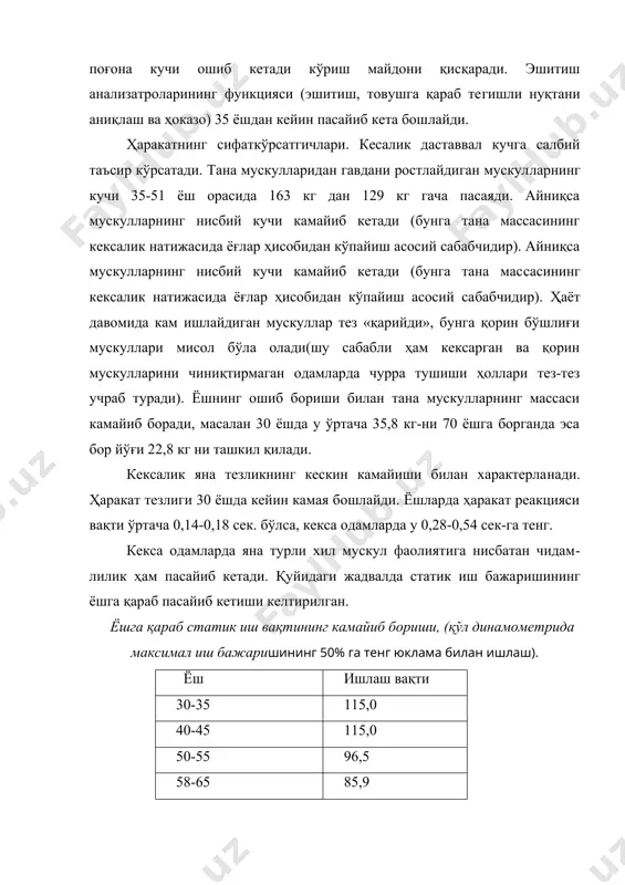 иши биринчи​дан тўқималарнинг кислородга нисбатан талабнинг пасайиб кетиши ва иккинчидан оксидланиш жараёнини тезлаштирувчи ферментлар фаол​лигининг кучсизланиб кетиши билан тушунтириш мумкин. гликолиз (гликогеннинг кислородсиз парчаланиши) жараёни ҳам кекса одам​ларда кучсизланиб қолади. оқсиллар алмашинуви кучсизланишини қуйидаги мисолда аниқ кўриш мумкин, одатда 20 см2 юзада жароҳат 20 ёшлиларда 31 кунда, 40 ёшлиларда 55 кунда, 60 ёшлиларда 10 кунда битади (оқсилллардан янги ҳужайралар ҳосил бўлиши тезлигининг пасайганлиги учун). энергия алмашинувининг кучсизланиши кекса кишилар жисмоний иш қилиши билан улар қонида шакар миқдорининг тез камайиб кетишида кўриш мумкин. нафас олиш. кексайиб борган сайин ташқи нафас олиш функ​цияси пасайиб боради. 60 ёшдан кейин ўпка тириклик сиғими қарийиб 2 баравар пасаяди. шу билан бирга кексайиб борган сари нафас олиш частотаси тезлашади, нафас олиш чуқурлиги пасаяди, кислороднинг максимал қабул қилиниши камаяди ва ҳокоза. кексариб қолган одам​ларда нафас олиш унумдорлиги сезиларли даражада пасаяди. агар ўспирин организмда 100 мл о2 ўпкага кирган 2,0-«5 л ҳаводан ажратиб олинса, кекса одам учун шунча …