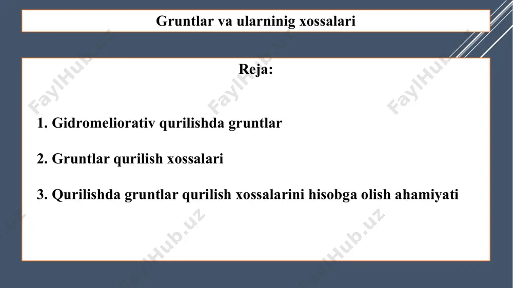 malga oshirishni talab qiladi. 7) joylashtirilishi. 8) tuproq massalarining muvozanatiga erishish zarurligi. gruntlar qurilish xossalari gruntlarning qurilishga oid hossalari inshootning tuzilishini, uni qurish usulini va buning uchun qo’llaniladigan mashinalarni belgilaydi. yumshoq gruntlarga barcha sochiluvchan va loyli gruntlar, lyoss va torf gruntlari kiradi. ular ayrim zarralarining qayishuvchanlik darajasi pastligi bilan tavsiflanadi. qattiq gruntlarga o’ta qayishuvchan va mustahkam qoyatosh va yarim qoyatosh gruntlari kiradi. gruntlar shartli ravishda ikki guruhga bo’linadi: yumshoq qattiq gruntlar qurilish xossalari namlik darajasiga ko’ra, sizot suv sathidan pastda yotuvchi ho’l, nam va quruq gruntlar farqlanadi. gruntlarning dastlabki va qoldiq yumshashi farqlanadi. ø dastlabki yumshash bevosita gruntni qazish paytida yuzaga keladi. ø qoldiq yumshash deganda, grunt hajmining grunt uzoq vaqt saqlanganida va o’z og’irligi va sizish ta’sirida zichlanganida saqlanib qoladigan ko’payishi tushuniladi. gruntlar qurilish xossalari yumshoq gruntlar va qoyatosh gruntlarining (portlashdan keyingi) yumshash kattaligi 1-jadvaldan olinishi mumkin. gruntning zich holatida qazilgan grunt hajmi dastlabki yumshash ko’rsatkichlariga ko’ra aniqlanadi. qurilishda …
