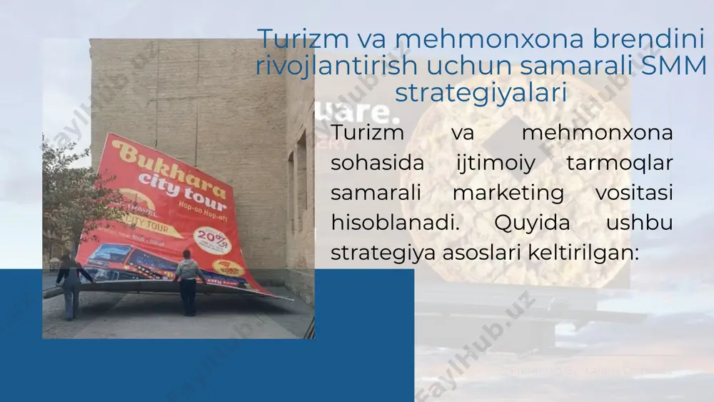 ib qilish. pinterestda sayohat yo‘nalishlari uchun ilhomlantiruvchi suratlar. facebook’da maxsus takliflar va aksiyalar bilan postlar yaratish. sayohatchilar uchun viktorinalar, qiziqarli faktlar yoki "qaysi yo‘nalish sizga mos?" testlari. tanlovlar va sovrinli o‘yinlar orqali mijozlarni jalb qilish. 2021 interaktiv kontent ijtimoiy tarmoqlar uzoq muddatli ta’sir kontent marketing nafaqat xizmatlarni sotishni, balki brend haqida iliq va uzoq muddatli taassurot qoldirishni ham ta’minlaydi. mijozlar mazmunli kontent orqali xizmatni yaxshiroq tushunib, o‘z qarorlarini ongli ravishda qabul qilishadi. kontent marketing turizm sohasida faqat reklama emas, balki mijozlar bilan munosabatni rivojlantirish va ularni brendga yaqinlashtirish uchun kuchli vosita bo‘lib xizmat qiladi. presented by : larana corporate presented by : larana corporate www.reallygreatsite.com ijtimoiy tarmoqlarda mijozlarni jalb qilish uchun kreativ reklama kampaniyalari turizm va mehmonxona sohasida ijtimoiy tarmoqlarda kreativ reklama kampaniyalari mijozlarni jalb qilishning samarali usuli hisoblanadi. quyida bu boradagi asosiy jihatlar keltirilgan: 1. reklama kampaniyasining maqsadini belgilash mijozlarni yangi xizmatlar bilan tanishtirish. maxsus takliflar va chegirmalarni targ‘ib …