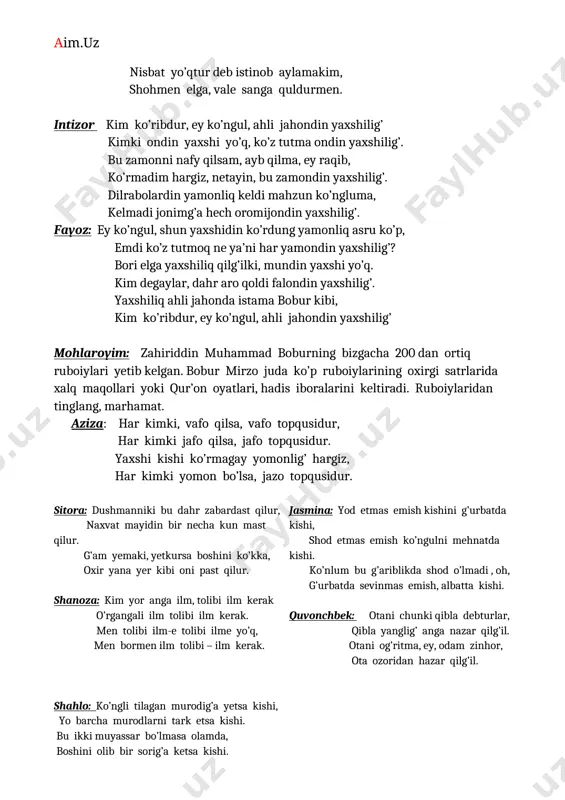 un mehru vafosi qoldimu? oshiq o’lg’ach ko’rdum o’lumni o’zimga , ey rafiq, o’zga ko’nglumning bu olamda harosi qoldimu? ey, ko’ngul, gar bobur ul olamni istar, qilma ayb, tengri uchun de, bu olamning safosi qoldimu? elnur: sen gulsen-u, men faqir bulbuldurmen, sen shu’lasen-u, ul shu’laga men ko’ldurmen, nisbat yo’qtur deb istinob aylamakim, shohmen elga, vale sanga quldurmen. intizor kim ko’ribdur, ey ko’ngul, ahli jahondin yaxshilig’ kimki ondin yaxshi yo’q, ko’z tutma ondin yaxshilig’. bu zamonni nafy qilsam, ayb qilma, ey raqib, ko’rmadim hargiz, netayin, bu zamondin yaxshilig’. dilrabolardin yamonliq keldi mahzun ko’ngluma, kelmadi jonimg’a hech oromijondin yaxshilig’. fayoz: ey ko’ngul, shun yaxshidin ko’rdung yamonliq asru ko’p, emdi ko’z tutmoq ne ya’ni har yamondin yaxshilig’? bori elga yaxshiliq qilg’ilki, mundin yaxshi yo’q. kim degaylar, dahr aro qoldi falondin yaxshilig’. yaxshiliq ahli jahonda istama bobur kibi, kim ko’ribdur, ey ko’ngul, ahli jahondin yaxshilig’ mohlaroyim: zahiriddin muhammad boburning bizgacha 200 dan ortiq ruboiylari yetib …