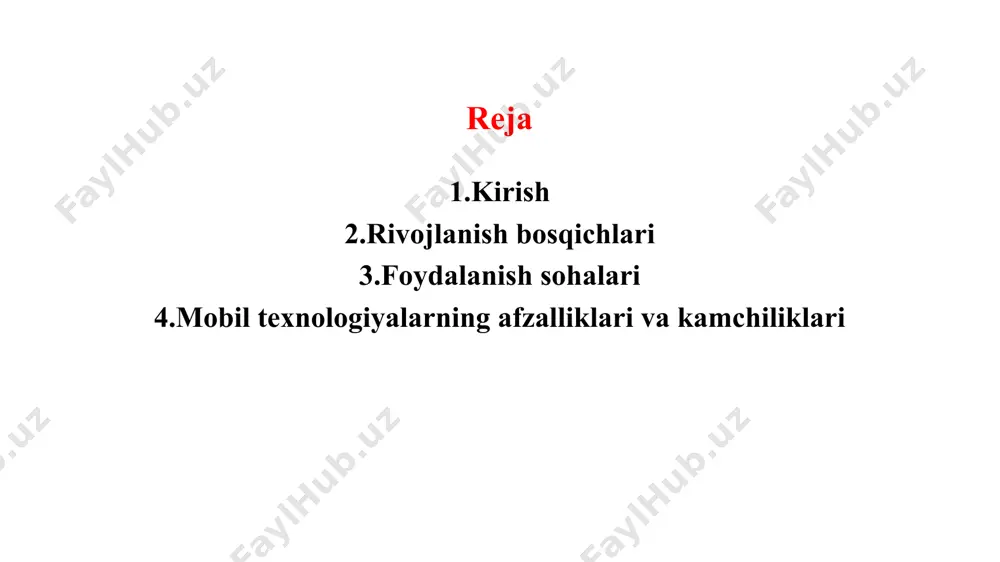 texnologiyalari rivojlandi 6.6g(taxminan 2030-yillar) rivojlanish bosqichida hozirgi taxminlarga ko’ra ,sun’iy intellekt bilan chuqur integratsiya qilinadi mobil internet texnologiyalari foydalanish sohalari 1.kommunikatsiya ijtimoiy tarmoqlar,video qo’ng’iroqlar va xabarlar almashish ilovalari,elektron pochta va tezkor xabarlar. 2.ta’lim masofaviy ta’lim platformalari,onlayn darslar,vebinarlar va interaktiv treninglar,elektron kitoblar va bilim bazalariga kirish. 3.ishbilarmonlik va biznes onlayn konferensiyalar va masofadan boshqarish tizimlari,elektron tijorat ,moliyaviy operatsiyalar,mobil banking. 4.ko’ngilochar xizmatlar video oqim xizmatlari,musiqa platformalari,onlayn o’yinlar . 5.tibbiyot masofadan maslahatlashuv(telemeditsina). tibbiyot asbob-uskunalarni masofadan monitoring qilish. sog’liqni saqlashga oid ilovalar. 6.transport va logistika gps xizmatlari va xaritalar . onlayn taksi xizmatlari. yuk tashish va yetkazib berish tizimlari. 7.iot aqlli uy qurilmalari va xavfsizlik tizimlari. smart avtomobillar va masofadan boshqarish imkoniyatlari. sanoat tarmoqlari uchun avtomatlashtirilgan tizimlar. 8.qishloq xo’jaligi dronlar yordamida ekinlarni kuzatish. sug’orish tizimlarini masofadan boshqarish. bozor narxlari va ob-havo ma’lumotlarini olish. mobil texnologiyalarning afzalliklari va kamchiliklari afzalliklari 1.harakatchanlik foydalanuvchilar internetga har joyda ulanish imkoniga ega. ish,ta’lim va muloqot uchun moslashuvchanlik yaratadi. 2.tezkor …