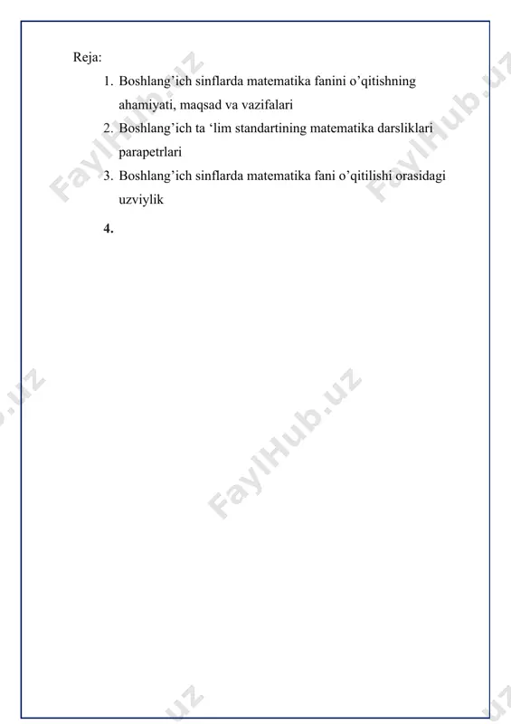 iladi. 3. nazariya va amaliyot masalalari o’zaro organik bog’langan xarakterga ega. 4. matematik tushuncha, xossa, qonuniy bog’lanishlarni ochish kursda o’zaro bog’langan. 5. har bir tushuncha rivojlantirilgan holda tushuntiriladi. masalan, arifmetik amallarni o’qitishdan oldin uning aniq mohiyati ochiladi, keyin amalning xossalari, keyin komponentlar orasidagi bog’lanish, keyin amal natijasi, oxirida amallar orasidagi bog’lanish beriladi. 6. asosiy tushunchalar va natijaviy tushunchalar o’zaro bog’lanishda berilgan. masalan, qo’shish asosida ko’paytirish keltirib chiqarilgan. boshlang’ich matematika kursi o’z tuzilishi bo’yicha o’z ichiga olgan, arifmetik, algebraik va geometrik materialdan iborat qismlarni. boshlang’ich matematika kursida arifmetik materialning konsentrik joylashuvi saqlanadi. ammo, amaldagi dasturda konsentrlar soni kamaytirilgan: o’nlik, yuzlik, minglik, ko’p xonali sonlar. shuni ham aytish kerak, material shunday katta guruhlashganki, unda o’zaro bog’langan tushunchalar, amallar, masalalarni qarash vaqt jihatdan yaqinlashtirilgan. arifmetik amallarning xossalari va mos hisoblash usullarini o’rganish bilan bir vaqtda arifmetik amallar natijalari bilan komponentalari orasidagi bog’lanishlar ochib beriladi. (masalan, agar yig’indidan qo’shiluvchilardan biri ayrilsa, ikkinchi qo’shiluvchi hosil …