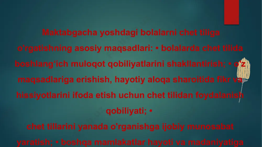 rivojlantirish uchun xonadagi o’yinlar asosiy vosita hisoblanadi. click here to enter your text.click here to enter your text here to enter your enter title click here to enter your text.click here to enter your text here to enter your enter title click here to enter your text.click here to enter your text here to enter your enter title click here to enter your text.click here to enter your text here to enter your enter title 01 02 03 03 enter title maktabgacha ta’limda ingiliz tilini o’rganish “shexter” usuli “nazariydan amaliyotga” klassik modelga emas,balki teskari, tabiiyroq idrok tizimiga asoslanadi. bunda bolalarga ona tilimizni o’rgatishimiz juda qulay. yosh bolalar qanday gapirishni bilmaydilar tarbiyachilar tomonidan kerakli jumlalar va nutq qismlarini qurish qoidalarini tushuntirilib didaktik oyinlar orqali ingiliz tilini zamonaviy usullarda o’tkazadi. xulosa qilib aytganda, zamonaviy tilni o’rgatish ko’proq madaniyatli shaxsni shakillantirishga qaratilgan bo’lib yangi bilimlarni tizimlashtirilgan innovatsion usullar orqali bolalarga yetqazib berish maqsadga …