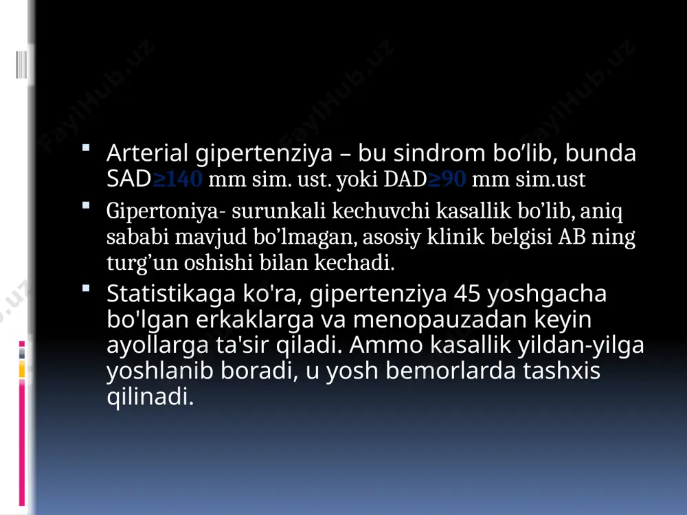 ynan shu sababdan kelib chiqadi. to'plangan gipertenziya:qon bosimining epizodik beqarorligi bilan tavsiflanadi; kasallik hisobga olinmaydi;ba'zida haqiqiy gipertenziya rivojlanadi. gipertenziya alomatlari: bosh og'rig'i, qo'l va oyoqlarning noqulayligi, bosh aylanishi. ba'zi hollarda,umuman hech qanday alomat yo'q. bu birinchi bosqichning arterial gipertenziyasi bilan sodir bo'ladi. birlamchi arterial gipertenziya bir necha shakllarga bo'linadi: giperadrenergik, giporenin, giperrenin. giperradrenergik gipertenziya yosh bemorlarga xos bo'lgan muammoli xarakterli erta gipertenziya holatlarining taxminan 15% tashxis qilinadi. buning sabablari adrenalin, norepinefrin gormonlarini chiqarishda yotadi. xarakterli xususiyatlar yuzning o'zgarishi, boshidagi pulsatsiya, bezovtalik va titroq bo'ladi. odamlarda dam olganda, yurak urish tezligi daqiqada 90-95 urish aniqlanadi. agar bosim normal holatga keltirilmasa, bemor gipertenziv inqirozni boshdan kechirishi mumkin, kasallikning rivojlanish mexanizmi to'liq tushunilmagan. agar gipertenziya juda tez rivojlanayotgan bo'lsa, bemorda kasallikning giperrenin shakli borligi aytiladi. odamlarda: bosh og'rig'i; qusish, ko'ngil aynish; bosh aylanishi tez-tez uchraydi. terapiya bo'lmasa, patologiya buyrak arteriyalarining ateroskleroziga oqib chiqadi. arterial gipertenziya bosqichlari 1-bosqich. ulardan birinchisi diabetga chalingan odam uchun …