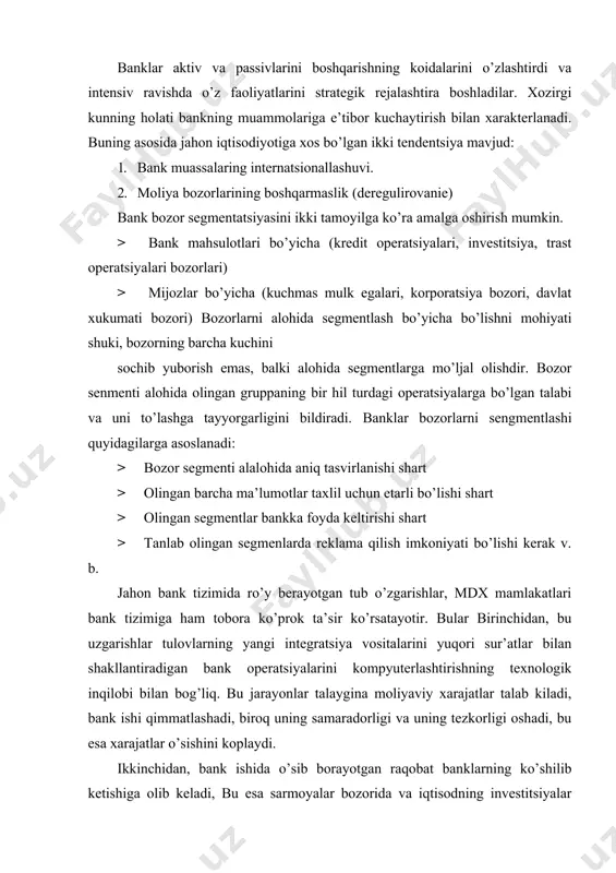 adi. bank axborot tizimlarining barchasini fayl-server yoki mijoz-server texnologiyasi asosida ishlab chikilgan ikkita katta guruxga bo’lish mumkin. mijoz-server texnologiyasi aslida andozaga aylanib kolgan. u axborot ishlash tezligining yuqoriligi, bu tezlik foydalanuvchilar soniga va ishlanadigan ma’lumotlar hajmiga uncha bog’lik emasligi; axborotni himoyalash imkoniyatlari rivojlanganligi, ma’lumotlarni tanlab olish va taxlil qilish jixatidan moslashuvchanligi kabi afzalliklariga ega. lekin shuni ham ta’kidlash kerakki, bunday texnologiyadan foydalanish kredit tashkilotining apparat-texnika jixatidan ta’minlanishiga, avvalo, ma’lumotlarni ishlashda ko’llanadigan server va tarmokli uskunalarga bog’lik. mijoz-server tizimi afzalliklari bir vaktning o’zida ishlaydigan ko’p sonli foydalanuvchilarning katta hajmli axborot bilan ishlay olishida namoyon bo’ladi. bank axborot texnologiyalari dasturiy ta’minotdan tashkari, bank operatsiyalarining axborot va apparat-texnika ta’minotiga oid vazifalarni ham hal qiladi. shuningdek, axborot tizimini himoya qilish uchun quyidagi chora-tadbirlarni sanab o’tish mumkin: ♦elektron imzoning ko’llanilishi; ♦virusga karshi bazalarning muntazam ravishda o’zgartirib turish; ♦ serverlar resurslarini rejalashtirish va tarmokdagi kompyuterlar talablarini kuzatib borish; ♦ayrim dasturiy mahsulotlarning muhofazasini ta’minlash; ♦axborotlarning majburiy tartibda …