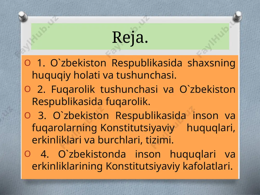 huningdek, u ma`lum burchlarni ham bajarishga majburdir. tabiiyki, о`zbekiston davlati ham fuqarolarning manfaatlari va erkinliklarida himoya qilish majburiyatini о`z zimmasiga oladi." о`zbekiston respublikasida inson va fuqarolarning konstitutsiyaviy huquqlari, erkinliklari va burchlari, tizimi. fuqarolarning konstitutsiyaviy huquqva erkinliklari rеspublikamiz konstitutsiyasining 18-moddasida mustahkamlangan bo`lib, "o`zbеkiston rеspublikasida barcha fuqarolar bir xil huquqva erkinliklarga ega bo`lib, jinsi, irki, millati, tili, dini, ijtimoiy kеlib chiqishi, e'tiqodi, shaxsiy va ijtimoiy mavqеidan qa'tiy nazar, qonun oldida tеngdirlar imtiyozlar faqat qonun bilan bеlgilanib kuyiladi hamda ijtimoiy adolat printsiplariga mos bo`lishi shart". inson huquq va erkinliklari har bir shaxsga taalluqli bо`lib, fuqarolarning huquq va erkinliklari esa faqat о`sha davlat fuqaroligiga ega bо`lgan shaxslargagina tegishlidir. 1) shaxsiy yoki inson huquqlari, ya`ni yashash huquqi, shaxsiy dahlsizlik va turar-joy dahlsizligi kabi huquq, erkinlik va burchlar; 2) davlat va jamiyatni boshqarishda ishtirok etish,ovoz berish, vatanni himoya qilish bilan bog`liq qator siyosiy huquq, erkinlik va burchlar; 3) mehnat qilish huquqi, mehnat erkinligi, mulk huquqi, soliq …