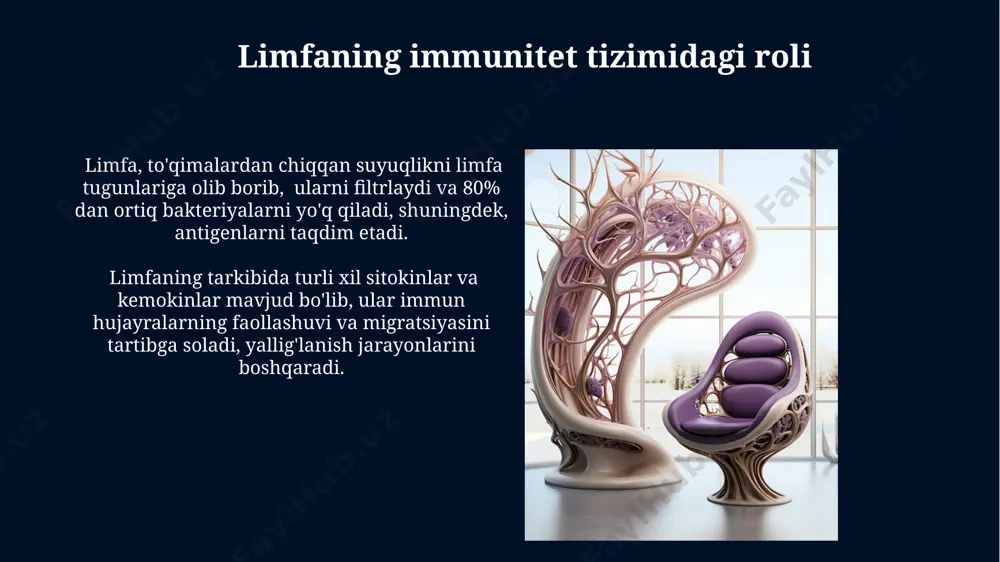 l boʻlishiga taʼsir koʻrsatadigan omillar orasida gidrostatik bosim, onkotik bosim va limfa kapillyarlarining oʻtkazuvchanligi kiradi, bu jarayonlarning muvozanati limfa hajmini aniqlaydi. limfa hosil boʻlish jarayonida qon plazmasidan taxminan 90% suv, 10% esa oqsillar, yogʻlar, shakarlar va boshqa moddalardan iborat boʻlgan suyuqlik toʻqimalarga filtrlanadi. limfa tizimining sogʻlomligi sog'lom limfa tizimi kuniga taxminan 2 litr limfa suyuqligini qayta ishlaydi, bu toksinlarni, hujayra chiqindilarini va ortiqcha suyuqlikni tanadan olib tashlashga yordam beradi. limfa hujayralari, jumladan limfotsitlar, immunitet tizimining 70% dan ortig'ini tashkil qilib, turli infektsiyalarga va kasalliklarga qarshi himoya qiladi. e'tiboringiz uchun rahmat @taqdimot_robot image5.jpg image6.jpg image7.jpg image8.jpg image9.jpg image10.jpg image11.jpg image12.jpg image13.jpg image14.jpg image15.jpg image16.jpg image1.jpg