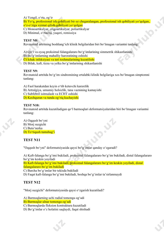 ining shikastlanishi test n9: revmatoid artritda bo‘g‘im sindromining ertalabki klinik belgilariga xos bo‘lmagan simptomni tanlang: a) faol harakatdan keyin o‘tib ketuvchi karaxtlik b) artralgiya, umumiy holsizlik, tana vaznining kamayishi c) subfebril isitmalash va echt oshishi d) kechqurun va tunda og‘riq kuchayishi test n10: revmatoid artritda kuzatiladigan qo‘l barmoqlari deformatsiyalaridan biri bo‘lmagan variantni tanlang: a) oqqush bo‘yni b) morj suzgichi c) buto‘nerka d) to‘tiqush tumshug‘i test n11 "oqqush bo‘yni" deformatsiyasida qaysi bo‘g‘imlar qanday o‘zgaradi? a) kaft-falanga bo‘g‘imi bukiladi, proksimal falangalararo bo‘g‘im bukiladi, distal falangalararo bo‘g‘im keskin yoyiladi b) kaft-falanga bo‘g‘imi bukiladi, proksimal falangalararo bo‘g‘im keskin yoyiladi, distal falangalararo bo‘g‘im bukiladi c) barcha bo‘g‘imlar bir tekisda bukiladi d) faqat kaft-falanga bo‘g‘imi bukiladi, boshqa bo‘g‘imlar ta’sirlanmaydi test n12 "morj suzgichi" deformatsiyasida qaysi o‘zgarish kuzatiladi? a) barmoqlarning uchi radial tomonga og‘adi b) barmoqlar ulnar tomonga og‘adi c) barmoqlarda fleksion kontraktura kuzatiladi d) bo‘g‘imlar o‘z holatini saqlaydi, faqat shishadi test n13 "buto‘nerka" deformatsiyasida qaysi bo‘g‘im …