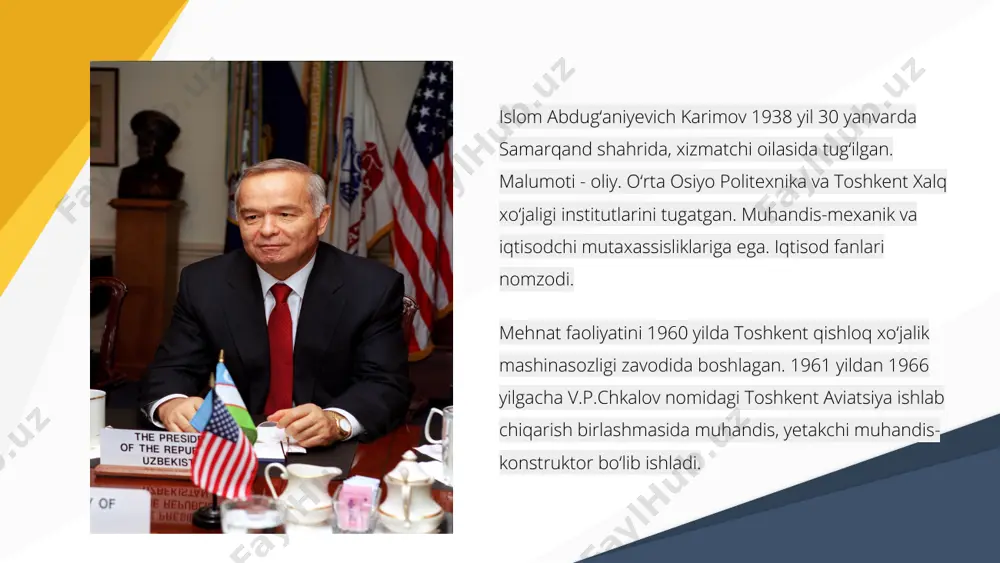 likasi prezidenti etib saylandi. 2015 yil 29 mart kuni muqobillik asosida o‘zbekiston respublikasi prezidenti saylovi bo‘lib o‘tdi. uning natijalariga ko‘ra konstitutsiyaga kiritilgan o‘zgarishlarga muvofiq, islom karimov 5 yillik muddatga, mamlakatning oliy lavozimiga saylandi. i.karimov suveren va mustaqil o‘zbekistonni barpo etish, xalqparvar, demokratik huquqiy davlat yaratish, fuqarolar tinchligi va milliy totuvlikni ta’minlash ishiga qo‘shgan ulkan hissasi, hamda, bu borada matonat va jasorat ko‘rsatganligi uchun "o‘zbekiston qahramoni" unvoni, "mustaqillik" va "amir temur" ordenlari bilan taqdirlangan. adolat – qonun ustuvorligida" degan tamoyilni amaliy jihatdan mustahkamlashga qaratilgan sa’y-harakatlarimizni zamon talablari darajasiga ko‘tarish yo‘lida yangi, amaliy qadamlar qo‘yish; tashqi siyosat sohasida boshqa davlatlarning ichki ishlariga aralashmaslik, dunyo mamlakatlari bilan teng huquqli asosda sherikchilik qilish, yuzaga keladigan har qanday mojaro va muammoni faqat tinch yo‘l bilan, siyosiy va huquqiy vositalar orqali hal etish, uzoq va yaqin qo‘shnilarimiz bilan o‘zaro manfaatli hamkorlik va totuvlikda yashash tamoyiliga qat’iy amal qilish; yurtimizdagi tinchlik va osoyishtalik, barqarorlikni mustahkamlash, fuqarolar o‘rtasida …