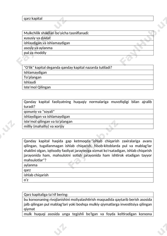 qanday kapital haqida gap ketmoqda:"ishlab chiqarish zaxiralariga avans qilingan, tugallanmagan ishlab chiqarish, hisob-kitoblarda pul va mablag'lar shaklini olgan, iqtisodiy faoliyat jarayoniga xizmat ko'rsatadigan, ishlab chiqarish jarayonida ham, mahsulotni sotish jarayonida ham ishtirok etadigan tayyor mahsulotlar"? aylanma qarz ishlab chiqarish o'z qarz kapitaliga ta’rif bering: bu korxonaning rivojlanishini moliyalashtirish maqsadida qaytarib berish asosida jalb qilingan pul mablag'lari yoki boshqa mulkiy qiymatlarga investitsiya qilingan qiymat mulk huquqi asosida unga tegishli bo'lgan va foyda keltiradigan korxona mablag'larida aks ettirilgan qiymatni anglatadi kapital daromadni kapitallashtirish, dividend to'lovlari va boshqalar jarayonida uning o'sishining turli shakllarini tavsiflaydi. korxonaning iqtisodiy faoliyati jarayonida foydalaniladi korxonaning kapitaliga kiradi: barcha moddiy, nomoddiy va pul mablag'lari faqat moddiy vositalar faqat naqd pul moddiy va nomoddiy vositalar mulk amaldagi qonunchilikka muvofiq qanday shakllarda bo’lishi mumkin? tashkilotlarining mulki, xususiy va davlat jamoat tashkilotlarining xususiy va mulkida xususiy va davlatda faqat xususiy noto'g'ri ta’rifni tanlang. mulk egasi quyidagi huquqlarga ega: mol-mulkni boshqa shaxslarga berish, …
