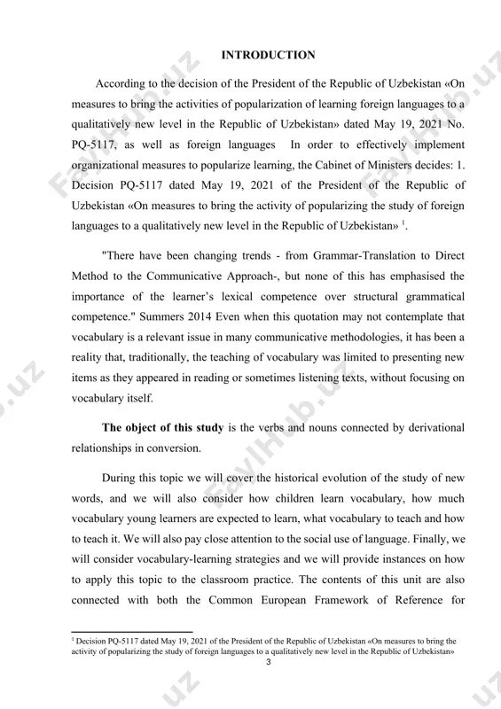 ialised and where his or her learning has occurred. the subject of this work is relations of word meanings of verbs and nouns, connected by derivational relationships in conversion. accordingly, loe 2/ 2006 modified by lomloe 8/2013 along with royal decree157/2022 regulating primary education nationwide, and decree which establishes the curriculum in the autonomous community of , all underline the importance of vocabulary learning as an essential element to achieve an adequate degree of communicative competence in a foreign language, and the social context in which the learning process takes place. real communicative situations are to be created within the classroom to offer chances of learning in context. the following tasks are drawn according to the aim: 1) to determine the conversion as a way of forming new words in modern english; 2) to get acquainted with the history of the conversion; 3) to identify the types of conversion; 4) …