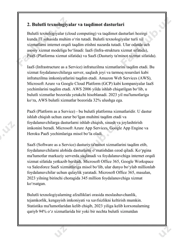 eradi. shu tariqa, ishchilar har qanday joydan masofaviy ishlash imkoniyatiga ega bo'ladilar. 2. **xarajatlarni tejash**: bulutli saqlashning eng katta afzalliklaridan biri bu tezkor joriy qilish va xarajatlarni qisqartirishdir. an'anaviy saqlash infratuzilmasini joriy qilish katta sarmoyalar talab qilsa, bulutli saqlash xizmatlari foydalanish uchun haq to'lash (pay-as-you-go) modeli asosida ishlaydi. bu esa bizneslarga zarur saqlash resurslarini tez va oson olish imkonini beradi, ortiqcha xarajatlarni kamaytiradi va kapital sarmoyalarni operatsion xarajatlarga aylantiradi. 3. **moslashuvchanlik va kengaytirish imkoniyati**: bulutli saqlash xizmatlarining infratuzilmasi moslashuvchanlik va kengaytirish imkonini beradi. tashkilotlar o'zlarining saqlash talablariga qarab resurslar hajmini osonlik bilan oshirishlari yoki kamaytirishlari mumkin. bu, katta hajmdagi saqlash loyihalari uchun juda zarur bo'lgan xususiyat hisoblanadi. 4. **ma'lumotlarni himoya qilish**: bulutli saqlash xizmatlarida ma'lumotlarni xavfsiz saqlash uchun xavfsizlik choralarining turli darajalari qo'llaniladi. ma'lumotlar shifrlanishi, kirish nazorati va boshqa xavfsizlik texnologiyalari yordamida himoya qilinadi. bu esa maxfiy ma'lumotlarni saqlash va uzatishdagi xavflarni sezilarli darajada kamaytiradi. 5. **autonomiyaga ega zaxira nusxalari …