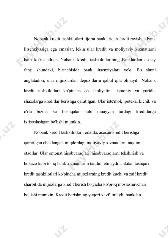 liyaviy xizmatlardan foydalanishning muqobil variantlarini ishlab chiqish zarurligini ta'kidlaydi. beyker, shuningdek, bankdan tashqari kredit tashkilotlari bilan bog'liq bo'lgan yuqori foizli qarz olish muammosiga ham e'tibor qaratadi. u iste'molchilarni ushbu muassasalar tomonidan suiiste'mol qilishdan himoya qilish uchun foiz stavkalari va kredit shartlari bo'yicha qat'iy qoidalarni taklif qiladi [5]. marlo butcher - london iqtisodiyot maktabining moliyaviy iqtisod professori bo‘lib, u bankdan tashqari kredit tashkilotlarini modellashtirish va ularning moliya tizimidagi rolini o‘rgangan [6]. butcher nobank kredit tashkilotlari faoliyati bilan bog'liq ma'lum risklar mavjudligini ham tan oladi. xususan, u ba'zilar yuqori foiz stavkalari va yashirin to'lovlarni taklif qilishi mumkinligini ta'kidlaydi, bu esa qarz oluvchilar uchun moliyaviy muammolarga olib kelishi mumkin. shuning uchun u iste'molchilar manfaatlarini himoya qilish uchun bunday tashkilotlarni to'g'ri tartibga solish va nazorat qilishni talab qiladi. tadqiqot metadologiyasi ushbu maqolani tayyorlashda meʼyoriy-huquqiy xujjatlar, foydalanilgan adabiyotlar va internet maʼlumotlari rasmiyligi, undagi iqtisodchi olimlarning mavzuga oid ilmiy-nazariy qarashlarining qiyosiy va tanqidiy tahlil qilingan. mavzuni …
