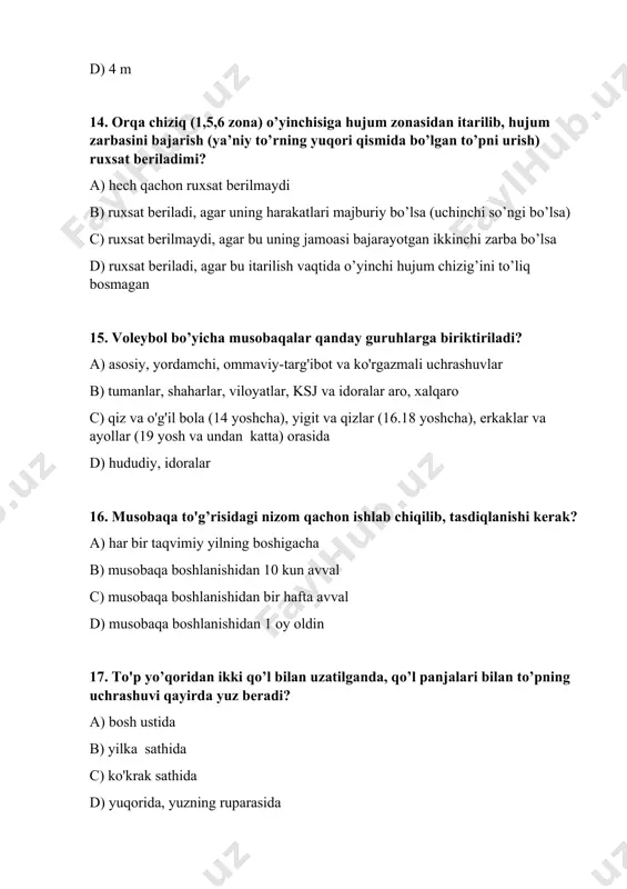 to’siq qo’yish c) yuqoridan va pasdan to'p uzatish, hujum zarbasi d) to’siq qo’yish, yuqoridan va pastdan to’p uzatish, harakatlanish 26. hujum harakatiga to’siq qo’yish lahzasini qanday aniqlash kerak? a) uzatilgan to’pning traektoriyasiga qarab b) hujumchining zarb bilan yugurib kelishiga qarab c) to’siq qo’yuvchining sakrashidan kelib chuqib d) tezkor-kuch sifatiga ko'ra 27. voleybolchi u yoki bu boshlang’ich vaziyatni egallashi va gavdaning uom joylashuvi nimalarga bog’liq? a) o’yindagi vaziyat va bajariladigan o’yin usuliga b) tezlik-kuch sfatlari va texnik mahoratiga c) harakatlanish tezligi va taktik g’oyaga d) o’yinchining bo’yi va harakatchanligiga 28. o’yin olib boorish taktikasi vositalari nima? a) texnik usullar va ularni bajarish yo’llari b) taktik kombinatsiyalar c) o'yinchiga xos fikrlash d) joy tanlash va harakatlanish 29. nima sababdan voleybolda o’yinchinid=g turishi muhim ahamiyatga ega? a) yanada oqilona harakatlanishga yordam beradi b) to’pga o’z vaqtida harakat qilishga yordam beradi c) siljib yugurishning tabiiyligini ta’minlaydi, tezlikni oshishiga yordam beradi d) to’pga harakat qilish …