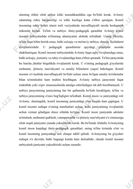 dladi, chunki sog'lom tana ruhiy va axloqiy barkamollikning poydevori hisoblanadi. jismoniy mashqlar, sport va boshqa jismoniy faoliyatlar ta'lim jarayonining ajralmas qismi bo'lishi kerak. jismoniy tarbiya insonning tanasini shakllantiradi, sog'lig'ini mustahkamlaydi va mehnatga qobiliyatli bo'lishiga yordam beradi. avloniyning fikricha, komil inson tanasini va ruhini bir vaqtda rivojlantirgan shaxsdir. ta'limda jismoniy va ruhiy jihatlarning uyg'un rivojlanishi komil insonni shakllantirishning muhim omilidir. tarbiya jarayonida pedagogik metodlar avloniy pedagogik metodlar borasida ham zamonaviy yondashuvlarni ishlab chiqqan. u o'quvchilarga bilim berishda nafaqat o'qituvchi tomonidan bir tomonlama ma'lumotlarni uzatish, balki faol o'quv jarayonini tashkil etish zarurligini ta'kidladi. avloniy, o'qitishning an'anaviy usullaridan tashqari, o'quvchilarning fikrlash qobiliyatini rivojlantiradigan, ular bilan interaktiv muloqotda bo'lishni maqsad qilib qo'ydi. ta'limda o'quvchilarni o'z fikrini erkin ifodalashga, muammolarni o'zlari hal etishga, ilmiy izlanishlar olib borishga rag'batlantirish muhimdir. avloniy pedagogik metodlarida o'qituvchining roli nafaqat bilim beruvchi, balki yo'l-yo'riq ko'rsatuvchi va o'quvchining ma'naviy rivojlanishini qo'llab-quvvatlovchi bo'lishini ko'rsatgan. komil insonni tarbiyalashda jamiyatning roli avloniy ta'limda jamiyatning …