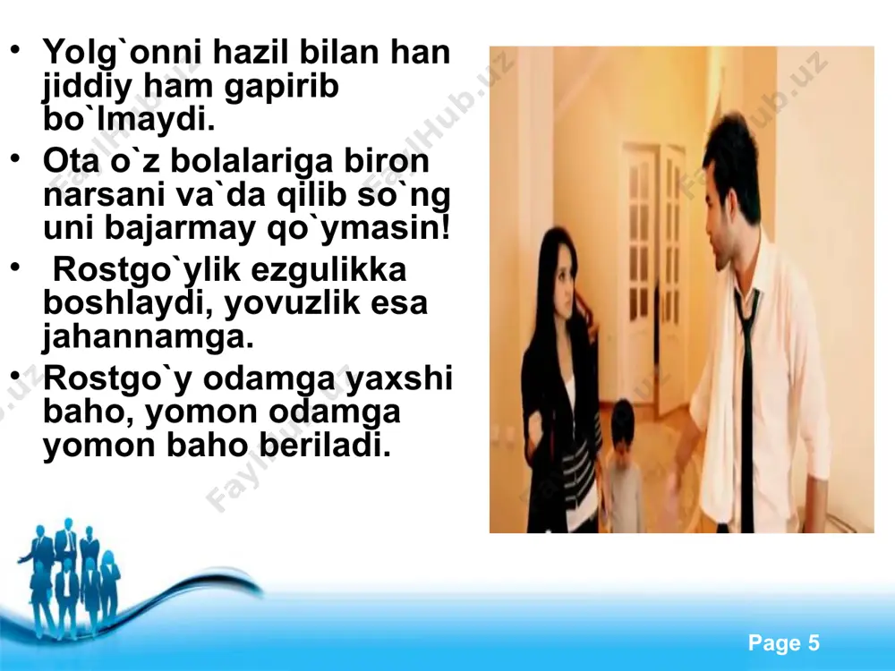rzanding seni hurmat qilishini istasang sen ham onangni hurmat qil, chunki sen ota-onangga nima ish qilsang farzanding ham senga shunday ish qiladi. free powerpoint templates page * bola mevaga ota-ona esa daraxtga o`xshaydi, daraxtni yaxshi tarbiya qilsang mevasi yaxshi va shirin bo`ladi. shuningdek ota onaga izzat va hurmatni ko`proq qilsang ularning sen haqingdagi duosi tezroq mustajob bo`ladi. meros olish xirsi bilan ota-onaning o`limini also istamagil. ularning rizqi orqali rizqqa ega bo`lasan, rizq taqsimlash kundagi tiriklik deb o`zingni azobga qo`ymagil. free powerpoint templates page * bolaning ota –onaga peshvoz chiqishi yukini, kiymini qo`lidan olishi ham o`zbeklarning qadimiy odati. masalan ota ishdan kelganda uning jajjigina o`g`ilchasi yoki qizalog`i yugurib borib kiyim boshini yechishga yordamlashadi. oilaviy munosabatlar bolalarda yaxshi xislatlarni shakllantiradi free powerpoint templates page * bola tarbiyasi qonuniyatlarini bilmagan vaqtda bola tarbiyasiga e`tibor bermagan ota-onalar bir kuni pand yeydilar. shunday hollar yuz bermasligi uchun bolaning dunyoga kelishi bilanoq uni to`g`ri tarbiyalash pedagogika …