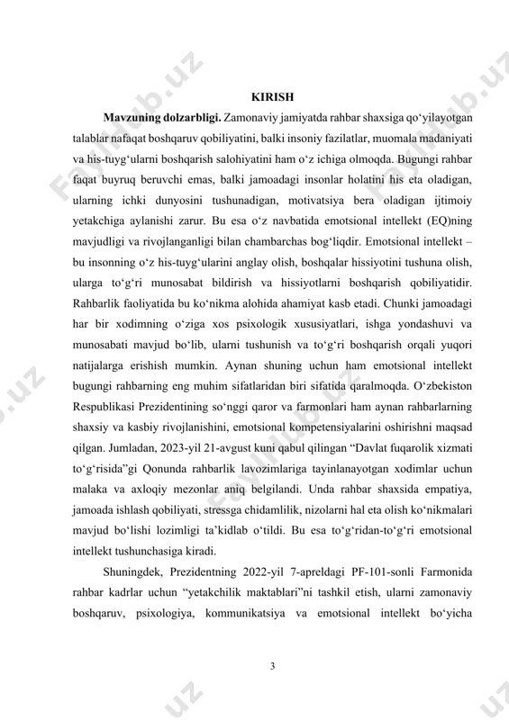 asosiy vositaga aylangan. jamoadagi ishonch muhiti, xodimlar motivatsiyasi, nizolarni oldini olish, innovatsion g‘oyalarning ilgari surilishi va eng asosiysi – insoniy yondashuv aynan yuqori emotsional intellektga ega rahbarlarning faoliyati bilan chambarchas bog‘liqdir. shu sababli, o‘zbekistonda olib borilayotgan islohotlar ham aynan rahbarlarning emotsional salohiyatini oshirish, ularni zamonaviy yetakchilarga aylantirish yo‘nalishida davom etmoqda. muammoning oʻrganilganlik darajasi. emotsional intellekt masalasi jahon ilm-fanida bir necha o‘n yillar davomida chuqur o‘rganilib kelayotgan bo‘lsa-da, o‘zbekiston ilmiy-amaliy sohasida bu mavzuga alohida e’tibor so‘nggi yillarda qaratila boshlandi. ayniqsa, inson salohiyatini yuksaltirish, rahbarlik madaniyatini rivojlantirish, ijtimoiy-psixologik barqarorlikni ta’minlash kabi dolzarb masalalar bu mavzuni chuqurroq tadqiq etishga turtki bo‘ldi. o‘zbekistonda emotsional intellektning nazariy asoslari, uning shaxsiy taraqqiyotdagi va rahbarlik faoliyatidagi ahamiyati psixologiya va pedagogika sohasidagi ayrim olimlar tomonidan ilmiy jihatdan o‘rganilgan. jumladan, psixologiya fanlari doktori dilorom tadjibaeva emotsional intellekt va rahbarlik psixologiyasi masalalarini 2020-yilda chop etilgan ilmiy maqolalarida keng yoritgan. u rahbar shaxsida emotsional barqarorlikni ta’minlash, empatiya, o‘zini tuta bilish, stressni …