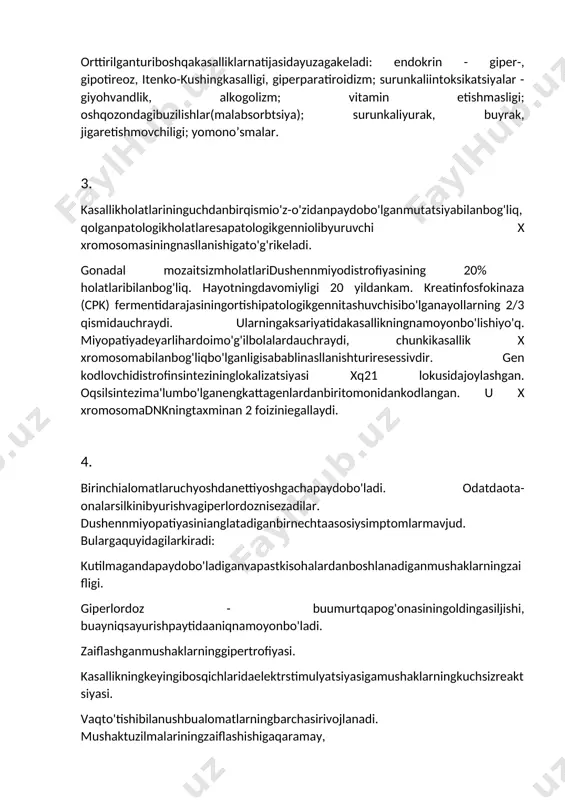 dobo'ladi. odatdaota-onalarsilkinibyurishvagiperlordoznisezadilar. dushennmiyopatiyasinianglatadiganbirnechtaasosiysimptomlarmavjud. bulargaquyidagilarkiradi: kutilmagandapaydobo'ladiganvapastkisohalardanboshlanadiganmushaklarningzaifligi. giperlordoz - buumurtqapog'onasiningoldingasiljishi, buayniqsayurishpaytidaaniqnamoyonbo'ladi. zaiflashganmushaklarninggipertrofiyasi. kasallikningkeyingibosqichlaridaelektrstimulyatsiyasigamushaklarningkuchsizreaktsiyasi. vaqto'tishibilanushbualomatlarningbarchasirivojlanadi. mushaktuzilmalariningzaiflashishigaqaramay, qovuqvaichaklarningdisfunktsiyasikuzatilmaydi. o'nikkiyoshgakelib, bemorlarningaksariyatimustaqilravishdayuraolmaydivanogironlararavachasidaharakatlanadi. dushennmiyodistrofiyasinafaqatskeletmushaklarigata'sirqiladiganpatologiyar. distrofinmiyokardda, miyato'qimasidavasilliqmushaklarda ham mavjudbo’ladi. kasallikningkechbosqichiog'iryuraketishmovchiligivanafasolishtiziminingbuzilishibilanbog'liq - bemorlarningo'liminingasosiysabablarishulardir. 5. miyopatiyalarningbarchaturlariorasidadushennsindromiengyomonprognozgaega. kasallikningertabolalikdavridaboshlanishi 15 yoshgacha motor qobiliyatinito'liqyo'qotishigaolibkeladi. harakatsizlikholatidabemorlaryana 5-10 yilyashaydilar. o'rtachaumrko'rish 25 yil. o'limzaiflashganimmunitet, pnevmoniya, yurakyokinafasolishetishmovchiligitufaylikelibchiqadi. 6. erba-rot miopatiyasidushennmiopatiyasidankechanamoyonbo’lishibilanfarqlanadi. ushbukasallik, asosan, 10–20 yoshdarivojlanaboshlaydi. kamdankamhollardapatologikjarayonundankeyingiyoshdaboshlanishimumkin - 40 yoshgacha. qoidatariqasida, 10-15 yilichidakasallikto'liqharakatsizlikkaolibkeladi. 7. boldirmushaklaripsevdogipertrofiyasiko’proqdushennvabekketmiopatiyalaridauchraydi. 8. landusi-dejerinmiyopatiyaningnisbatankengtarqalganturi. эрба-ротмиопатияси kasallikodatdabolalikyokio'smirlikdavridaboshlanadi. birinchialomatlaryuzmushaklariga, ayniqsaog'izningdumaloqmushaklarigayokielka-kurakmushaklarigazararetishibilanbog'liq. bu