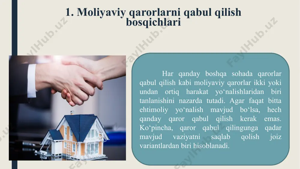 di. faqat faoliyatni saqlab qolishdan tashqari boshqa maqsadlari bo‘lmagan investorlar kompaniyaning aksiyadorlari bo‘lishlari mushkul. iqtisodiy turg‘unlik va boshqa qiyinchiliklar davrida ko‘plab kompaniyalar faoliyatni saqlab qolishni o‘zining qisqa muddatli maqsadi sifatida qabul qiladi. biroq uzoq muddatli istiqbolda ular muqarrar ravishda kattaroq maqsadni mo‘ljallaydilar. uzoq muddatli barqarorlik . o‘sish ushbu maqsad faoliyatni saqlab qolishga o‘xshash va xuddi shunday uzoq muddatli yo‘nalish sifatida noreal va ulkan emas. umuman olganda, o‘sish – maqsadning yetarlicha aniq tavsifi emas, chunki (biz bungacha ko‘rganimizdek) u faqat yangi mablag‘larni jalb qilish hisobiga ta’minlanishi mumkin. aksiyadorlar farovonligini maksimallashtirish a kompaniya b kompaniya daromadlar bog‘liq mablag‘lar sarflanishi yuqoriroq tavakkalchilik bilan bog‘liq bo‘lsa aqlli investorlar b kompaniyani emas, balki a kompaniyani afzalroq deb biladilar. aksiyadorlar farovonligini maksimallashtirish biznesning odatdagi moliyaviy maqsadlarini har doim ham aniq aks ettirmaydi. shunga qaramay, u moliyaviy qarorlar qabul qilishning asoslangan, ish uchun yaroqli negizini ifodalaydi. aslida, kompaniyalar har doim o‘z aksiyadorlari boyligini kamaytiradigan qarorlar qabul qilolmaydi, …