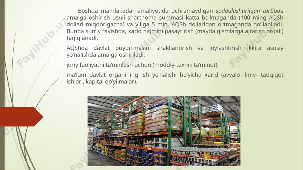 yyorlash muddati 5-7 ish kuni qilib belgilangan. ma’lumotlar bankidan yillik ma’lumotlarni qidirish bahosi, taxminan 400 dollar va har bir qo’shimcha yildagi ma’lumotlar uchun 100 dollardan qo’shimcha haq talab etiladi. maxsus hisobotlar, ro’yxatlar, iqtiboslar ham qog’ozli shaklda, ham elektron nusxa shaklida taqdim etiladi. federal xaridni amalga oshirishda elektron savdolarni tatbiq etishdan ko’zlangan maqsad - faqatgina buyurtmachilarning potentsial pudratchilar bilan bo’ladigan takroriy jarayonlarini avtomatlashtirishgina emas, balki xarid jarayonlarini amalga oshirish xarajatlarini pasaytirish va ushbu operatsiyalarni amalga oshirish muddatlarini keskin qisqartirishdan iborat. aqshda federal xaridni elektron savdolar orqali amalga oshirish miqyosi, tijorat tuzilmalari o’rtasida amalga oshiriladigan bunday savdolar hajmiga nisbatan ancha past darajada. elektron savdolar, asosan, qiymati 100 ming dollargacha bo’lgan shartnomalar uchun soddalashtirilgan jarayonlarda qo’llaniladi. aqshda davlat xaridini qattiq tartibga solib turilishi va ayrim hollarda faqatgina qog’ozli savdolargina xarid shartlariga mos kelishi bilan izohlanadi. elektron savdolarni qo’llash uchun zaruriy sharoitlar bo’lib: internet-texnologiyalardan foydalanishning rivojlangan huquqiy bazasi; aloqa vositalari; axborot himoyasi, komputer tarmoqlarining …