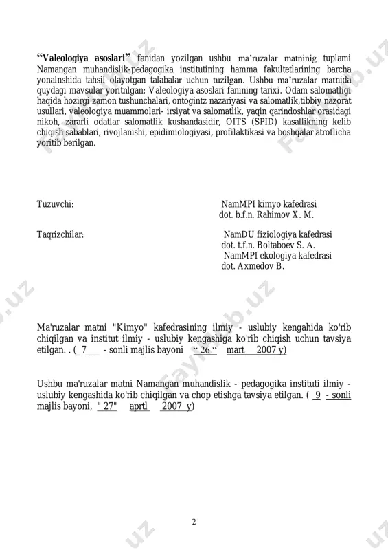 bag’ishlangan tantanali yig’ilishda prezidentimiz i. a. karimov 2000 yilni «sog’lom avlod yili» deb e’lon qilishni taklif etdi. shu munosabat bilan o’zbekiston respublikasi vazirlar maxkamasi tamonidan 2000 yil 15 fevralda «sog’lom avlod» davlat dasturi tasdiqlandi. dasturda, jumladan ijtimoiy tafakkurda etuk ma’naviy boy, jismonan sog’lom va barkamol avlodning tug’ilishi va tarbiyalanishi uchun yuksak ma’suliyat psixologiyasini shakllantirish masalalari bo’yicha aholiga yalpi bilim berish tizimini yaratish zarurligi ta’kidlangan. shunga binoan respublika oliy va o’rta maxsus o’quv yurtlari uchun «tibbiy bilim asoslari va oits profilaktikasi» hamda «giyohvandlik va uning zararli oqibatlari» kursi ta’sis qilindi. ushbu kurslar negizida 2006 yildan boshlab «valeologiya asoslari» fani ta’sis etildi. valeologiya asoslari- odamning indivudial salomatligi haqidagi fan bo’lib, odam organizmining tashkil etuvchi tizimlar, a’zolar, tuqimalar va xujayralarda kasalik va salomatlik xolatlari uchun xos bo’lgan kursatgichlarni o’rgatadi. valeologiya asoslari- odamni salomatligini saqlash, kasalikni oldini olish yullarini, aynan sog’likni saqlashda jismoniy tarbiya vositalarini va usullarini ta’siri va ahamiyatini o’rganuvchi fandir. «valeologiya asoslari» …