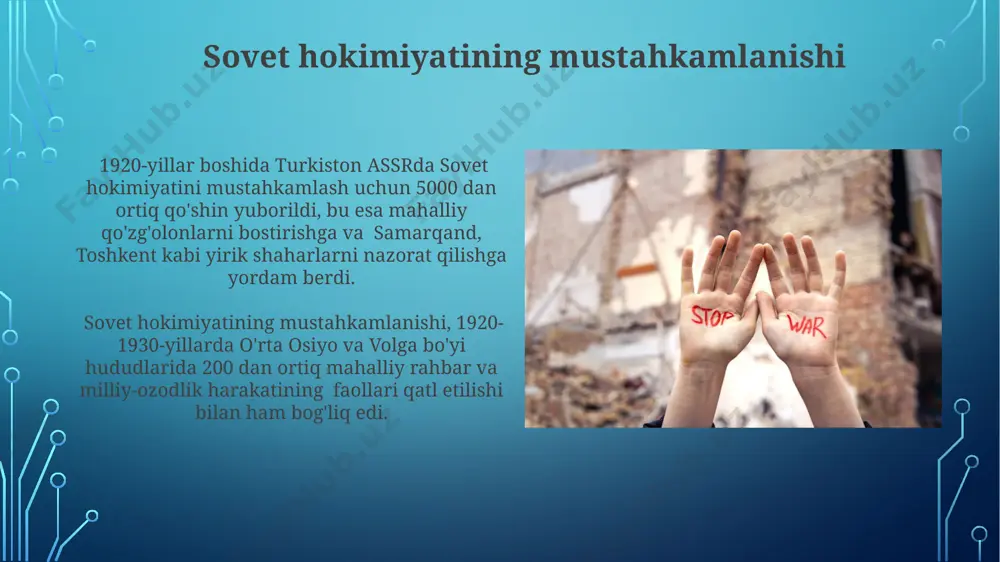 uzish taktikasiga asoslangan. qarshilik harakatlari, 1920-yillarning boshlarida turkiston assrning janubiy hududlarida, asosan, kichik guruhlar va partizan urushlari orqali amalga oshirildi, ularning maqsadi strategik nuqtalarni yo'q qilish edi. chet el davlatlarining aralashuvi 1920-yillardagi turkiston qoʻzgʻolonlarida, angliya va turkiya kabi davlatlar, qurol-yarogʻ va moliyaviy yordam orqali milliy ozodlik harakatlarini qoʻllab-quvvatlashga harakat qilishgan, ammo ularning taʼsiri cheklangan edi. qrim urushi davrida, 1920-yilda, qrim yarim orolida bo'lgan ingliz kuchlari, turkistondagi antisovet harakatlarga bilvosita yordam berishga urinib ko'rishgan, ammo bu harakatlar katta miqyosda amalga oshmagan. baskiriya assrdagi qarshilik harakatlari ufa viloyati va boshqa hududlarda, 1918 yil oxirida, 100 dan ziyod odamdan iborat bo'lgan bir nechta qurollangan guruh, sovet hokimiyatiga qarshi faol isyon ko'tarib, mahalliy aholi qo'llab-quvvatlashiga tayangan. 1920-yillarda, baskiriya assr hududida, xususan, uralsk va sterlitamak kabi shaharlar atrofida, vatan himoyachilari partizan guruhlari faol kurash olib borib, 2000 dan ortiq jangchilar bilan sovet kuchlariga qarshi turishgan. qarshilik harakatining tugashi va uning merosi qarshilik harakatining merosi sifatida …