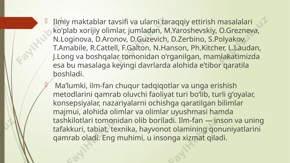 arning funksional yoʻnalishiga koʻra: fundamental, amaliy. aʼzolari faoliyatini tashkil qilish shakliga koʻra: ilmiy tadqiqot ishlarini tashkil qilishning individual yoki jamoaviy shakliga asoslangan. avlodlar oʻrtasidagi aloqa tavsifiga koʻra: bir sathli, koʻp sathli. institualizatsiya shakliga koʻra: norasmiy, toʻgaraklar, institutsional. lokatsiya darajasiga koʻra: milliy, lokal, shaxsiy. koʻp hollarda ilmiy maktab deganda, ilm-fanga oid maʼlum bir yoʻnalish nazarda tutilsa, ayrim holatlardagina oʻzining tarkib topish va rivojlanish tarixi, shuningdek, oʻz mavqeiga ega ilmiy jamoa nazarda tutiladi. odatda bular muayyan ilmiy yoʻnalish ichida “yetakchi ilmiy jamoa” mavqeiga daʼvogarlik qiladi. boshqacha aytganda, amalda “ilmiy yoʻnalish — ilmiy maktab” tizimi mavjud hozirda faoliyat olib borayotgan ilmiy maktablar o‘zbek adabiyotshunosligi ilmiy maktabi - xx asrning 20-30-yillarida abdurauf fitrat, abdurahmon sa’diy, sadriddin ayniylar tomonidan asos solingan bo‘lib, akademiklar vohid abdullayev va boturxon valixo‘jayev, professor orif ikromovlar uni shon - shuhratini dunyoga tanitdilar. hozirda ilmiy maktab vakillari professorlar m.muhiddinov, h.umurov, a.soliyev, d.salohiy, sh.hasanovlar, filologiya fanlari nomzodlari a.nosirov, u.qobilov, i.sulaymonov, s.tohirov, b.muhiddinova, …