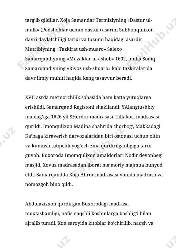 ri unga taxsin o’qiydilar. ernazar 10 yildan beri rossiyada savdo-sotiq bilan shug’ullanib, insofli, diyonatli savdogar sifatida tanilgan edi. u malikadan rus savdogarlaridan po’lat va qo’rg’oshin sotib olish uchun izn so’raydi. unga ruxsat yorlig’i beriladi. 1774 yili ernazar ma’sud o’g’li buxoro amirligining rasmiy elchisi sifatida 40 tonnadan ziyod mol bilan xojitarxon (astraxan) ga keladi. shahar bojxonasi undan 2000 so’m boj talab qiladi. ernazar rossiya malikasiga atalgan sovg’a va buyurtma mollar bilan o’zining yaqin odamlarini peterburgga jo’natadi. peterburgdan malikaning undan boj olmasliklari haqidagi yorlig’i yetib keladi. 1775 yilning 27 martida rossiya hukumati boshlig’i kansler n.panin ernazarni qabul qiladi. 5 aprelda esa ernazar yekatirina ii (1762-1796) ning qabulida bo’ladi. ernazar mas’ud o’g’liga rossiya hukumati kaspiy dengizdan bir kemani tuhfa qiladi, unga imperiya hududida 5 yil mobaynida erkin savdo qilishi va 10.000 so’mgacha miqdordagi mollaridan boj olmaslik yorlig’ini berdi. shuningdek, unga 15.000 pud po’lat, 3000 pud mis sotib olib buxoroga jo’natishga ijozat beriladi. 1780 …
