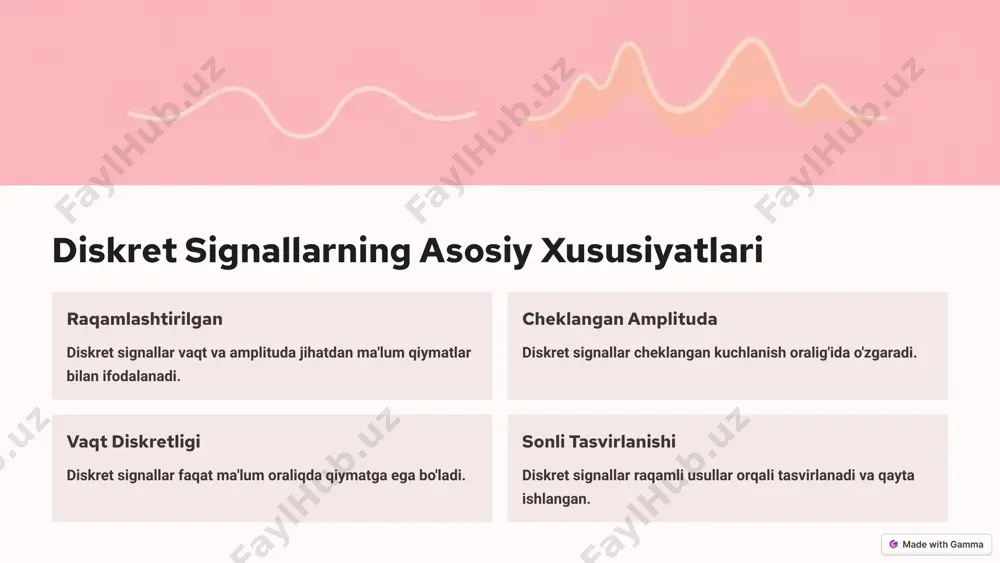 oralig'ida o'zgaradi va amplituda qiymatlari ma'lum chegara qiymatlar bilan ifodalanadi. raqamli qayta ishlash diskret signallar raqamli usullar, masalan, fourier preobrazovani, diskretlash va kvantlash orqali tahlil qilinadi va qayta ishlangan. qayta tiklash qayta tiklash jarayonida diskret qiymatlar orasidagi joylar interpolatsiya qilinadi va signallar filtrlanadi. xulosa va kelgusi istiqbollar 1 asosiy xulosa diskret signallar - vaqt va amplituda jihatidan cheklangan raqamli ma'lumotlar oqimlari. ular muhim raqamli texnologiyalarda qo'llaniladi. 2 kelgusi rivojlanish diskret signallar qayta ishlash usullari doimiy takomillashib, yangi qo'llanish sohalarini topmoqda. 3 texnologik taraqqiyot kuchli hisoblash quvvati va yangi algoritmlar diskret signallarni turli sohalar uchun yanada samarali qilmoqda. image1.png image2.png image3.png image4.png image5.png image6.png image7.png
