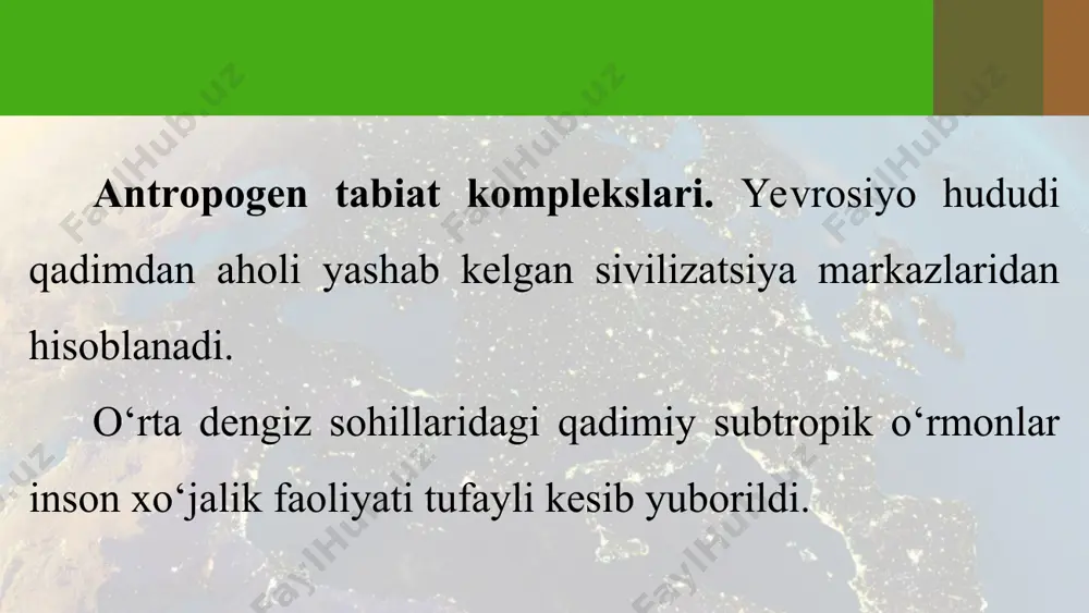 eriklarni birbiridan tabiiy sharoiti bilan farq qiladigan muayyan qismlarga ajratish jarayoni tushuniladi. yevrosiyo materigi tabiatini hududiy farqlariga ko‘ra rayonlashtirganda ham kenglik zonalligi, ham balandlik mintaqalanishiga va uzoqlik bo‘yicha ta’sir etadigan omillarga e’tibor beriladi. yevrosiyo materigida bir-birlaridan hududiy farq qiladigan ko‘plab yirik va kichik o‘lkalar ajratilgan. yevrosiyo hududi shimoliy yevropa, o‘rta yevropa, janubiy yevropa, sharqiy yevropa, g‘arbiy sibir, sharqiy sibir, uzoq sharq, janubig‘arbiy osiyo, old osiyo, o‘rta osiyo, markaziy osiyo, sharqiy osiyo, janubiy osiyo, janubi-sharqiy osiyo kabi 14 ta yirik tabiiy geografik o‘lkalarga bo‘lingan (23- rasm). o‘zbekiston joylashgan o‘rta osiyo o‘lkasi o‘zining takrorlanmas tabiati bilan alohida ajralib turadi. o‘rta osiyo tabiatini atroflicha o‘rgangan rus olimi i. v. mushketov „turkiston“ nomli kitobida bu o‘lkani „yevrosiyo materigining ichidagi o‘ziga xos noyob tabiatli go‘zal materikdir“, deb baho bergan. o‘rta osiyo va o‘zbekiston tabiati haqida 7- sinfda bilib olasiz.
