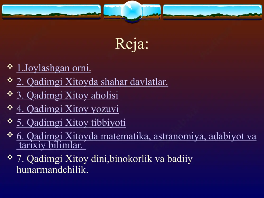 im zamondan boshlab yashay boshlaganlar.xitoyda bundan 600-400ming yillar ilgari yashagan sinantrop va lintyan kabi qazilma odamlarning makonlari va qoldiqlari topilgan. miloddan avvalgi v-iii ming yilliklarga kelib xuanxe daryosining o’rta oqimida dastlabki dehqonchilik vujudga kelib aholi daryo boyidagi kichik qishloqlar yashagan.ular dastlab tariq, arpa va bugdoy ekkanlar,chochqa va itlarni boqib kopaytirganlar.hunarmandlar kulolchilik bilan shugillanib, ajoyib sopol idishlar yasaganlar.miloddan avvalgi i ming yillik boshlariga kelib xuanxe daryosi soxilidagi yerlar kengroq o’zlashtirilib,tariq,bug’doy,sholi va sabzavot ekinlari ko’proq ekilgan.chorvachilik ham rivojlanib buqa,sigir,qo’tos,qo’y,echki, it va cho’chqalar boqilgan. shunday qilib, dehqonchilik, chorvachilik, hunarmanchilik va savdo-sotiqning rivoji aholi orasida mulkiy tengsizlik va tabaqalanishga olib kelgan.bu hol sharqiy xitoyda dastlabki davlatlarning vujudga kelishi uchun imkoniyat yaratgan. qadimgi xitoy yozuvi qadimgi xitoyliklar jaxon madaniyati xazinasiga ulkan hissa qo’shgan xalqlardan biridir.qadimgi xitoyliklar misr yozuvini eslatuvchi yozuvlar kashf etganlar. qadimgi xitoyliklar hozirgi kunimizdan 4-3,5 ming yil ilgari o’z yozuvini yaratganlar. qadimgi xitoy yozuvi misrliklarniki kabi ayrim belgilardan iborat iroglif yozuvi bo’lgan.har bir …