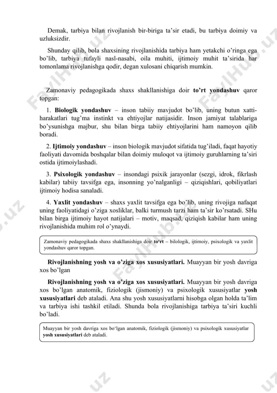 dagi mavjud boshqa ilmiy yoki gnoseologik yondashuvlardan farqli ravishda muloqot va o’zaro bir-birini tushunish asosida ta’lim-tarbiya jarayonini tashkil etishni talab etadi. mazkur yondashuvning o’ziga xosligi ta’lim-tarbiya jarayonining barcha sub’ektlariga nafaqat dunyoqarash ko’rinishida, balki mavjudlik usuli tarzida qarashni talab etadi. mazkur mavjudlik usulini birinchi navbatda borliqni anglab etish sifatida tushunish lozim. ikkinchidan, mazkur mavjudlik usulini uzluksiz ravishda o’z-o’zi, boshqalar va boshqa madaniyatlar bilan muloqot tarzi sifatida aniqlashtirish maqsadga muvofiqdir. shaxsga ijtimoiy muhitning ta’siri ham muhim. bu tarbiya orqali amalga oshiriladi. birinchidan, tarbiya ta’sirida muhit bera olmagan bilim, ma’lumot egallanadi, mehnat va texnik faoliyat bilan bog’liq ko’nikma va malakalar hosil bo’ladi. ikkinchidan, tarbiya tufayli tug’ma kamchiliklar ham o’zgartirilib, shaxs kamolga etadi. uchinchidan, tarbiya yordamida muhitning salbiy ta’sirini ham yo’qotish mumkin. to’rtinchidan, tarbiya kelajakka qaratilgan maqsadni belgilaydi. demak, tarbiya bilan rivojlanish bir-biriga ta’sir etadi, bu tarbiya doimiy va uzluksizdir. shunday qilib, bola shaxsining rivojlanishida tarbiya ham yetakchi o’ringa ega bo’lib, tarbiya tufayli nasl-nasabi, …