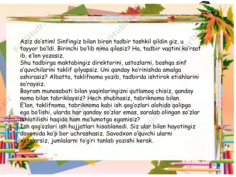 ish qog’ozlari ustida ishlash. e’lon, xat 5-sinf - Page 4