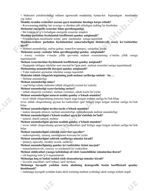 gan yerlarning yaxshi, unumdor yerlarga aylanishi irrigatsiya-melioratsiya xizmatlarini ko’rsatish natijasida ekinlarni hosildorligini oshganligi qanday aniqlanadi? = shu xizmat natijasida olingan hosildorlikdan tadbir o’tkazilmagan davrdagi hosildorlik ayriladi. innovatsion texnologiyalar deganda nimani tushunasiz? = tarmoqda yangi texnologiyalarni yaratilayotganligida ko’raman iqtisodiy faol mehnat resurslariga kimlar kiradi? = 16-55 yoshdagi ayollar va 16-60 yoshdagi erkaklar ish vaqti fondidan foydalanish koeffistienti qanday aniqlanadi? = bir kishining bir yilda ishlagan vaqtini ishlashi lozim bo’lgan vaqtga taqsimlanadi investistiyalar maqsad va vazifalariga ko’ra qanday turlarga bo’linadi? = kapital, innovastion va ijtimoiy investistiyalar investistiyalarning sub’ektlar buyicha turlari qanday? = davlatga qarashli, xususiy va shaxsiy investistiyalar investistiyalarning iqtisodiy samaradorligini aniqlashda qanday usullardan foydalaniladi? = diskontlash va kompaunding usullari investistiyaning iqtisodiy samaradorligini qanday aniqlanadi? = sof foyda summasini shuni taminlagan investistiyaga taqsimlab investistiyaning iqtisodiy samaradorligini qaysi ko’rsatkich ifodalaydi? = 1 so’mlik investistiya evaziga olingan sof foyda investistiyaning qoplash muddati qanday aniqlanadi? = investistiya summasini shu tufayli olingan sof foydaga taqsimlab investitsion …