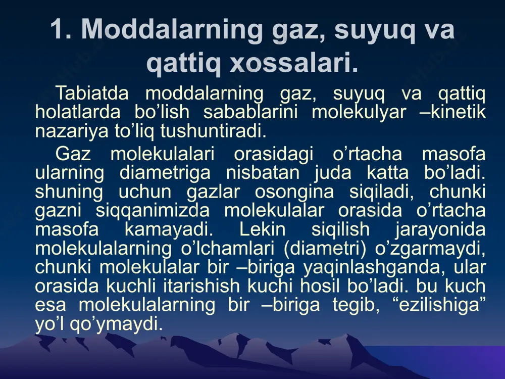 asidagi asosiy farq quyidagilardan iborat ekanligini bildiradi: 1. gaz molekulalari bir –biridan o’z o’lchamlariga nisbatan juda katta masofada joylashganligi uchun ular orasidagi o’zaro ta’sir kuchi hisobga olinmas darajada kichik. shuning uchun gaz molekulalari faqat ilgarilanma harakat qiladi. 2. suyuqlikning zichligi gazning zichligidan ancha katta bo’lganligi uchun suyuqlik molekulalari bir –biriga yaqin joylashgan. shuning uchun ular orasida kuchli o’zaro ta’sir kuchlari mavjud. shu sababli ular biror muvozanat vaziyati atrofida tebranib turib, ahyon bir “o’troq” holatdan boshqasiga sakrab o’tib ilgarilanma harakat qiladi. demak, suyuqlik molekulalari tebranma va ilgarilanma harakat qilar ekan. 3. qattiq jism molekulalari bir –biriga juda yaqin joylashganligi uchun ular juda katta o’zaro ta’sir kuchlari bilan bog’langan. qattiq jism molekulalari qo’shni molekulalarning ta’sir kuchini yengib, o’z o’rnini tashlab keta olmaydi. shu sababli ular faqat tebranma harakat qiladi. 2. real gazlar. van –der –vaals tenglamasi. ma’lumki molekulayar fizika qonunlarini o’rganishda gaz: o’zaro ta’sirlashmaydigan moddiy nuqtalar majmuasidan iborat: gaz molekulalarining xususiy hajmi …