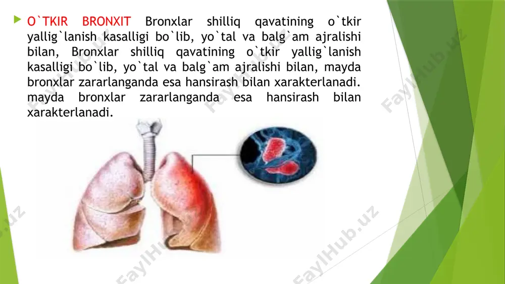 shaklda rivojlanishi mumkin: surunkali va og'ir. bronxial mukozada joylashgan retseptorlarning doimiy tirnash xususiyati tufayli bola refleksli bronxial spazm hosil qiladi, bu shamollatish buzilishiga olib keladi va boğulma paydo bo'ladi. kasallikning sabablari bolalarda obstruktiv bronxit turli sabablarga ko'ra paydo bo'lishi mumkin. tonzillit, gripp, tonzillit. birinchi kasallik katta bronxiyani, keyin esa kichikni ta'sir qiladi.va shilliq qavatning yonishi bilan uchraydi. va, albatta, kasallik sabablari orasida quyidagilar aniqlanishi mumkin: • virus immunitet tizimi tomonidan zaiflashgan; • allergiyaga chidamlilik; ko'pincha kasallik nafas qiyinlishuvi bilan boshlanadi. erta yoshdagi bolalar kasallikning o'tkir va tezkor rivojlanishi bilan ajralib turadi. boladagi obstruktiv bronxitning birinchi belgilari shovqinli, uzoq muddat nafas olish va nafas qisqarishi bo'lishi mumkin obstruktiv bronxit: belgilar ushbu turdagi bronxit bilan chaqaloqlarning og'ziga , mayin teri paydo bo'lishi mumkin. chaqaloq ishtahani yo'qotadi, bezovtalanadi. ushbu turdagi bronxitning harorati spazmatik bo'lishi mumkin (u 37 dan 40 ° c gacha). bola ichidagi obstruktiv bronxit bronxitning boshqa navlari bilan chalkashishi qiyin, chunki …